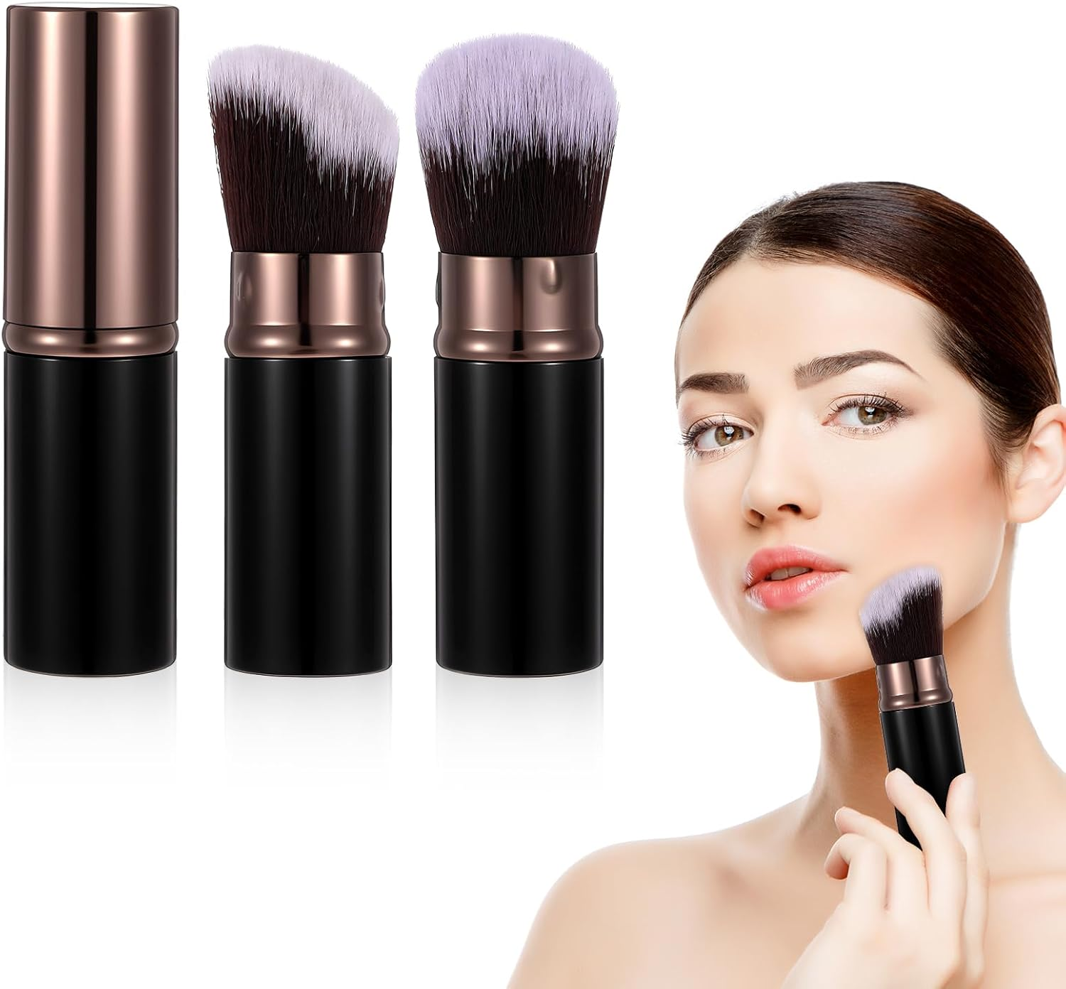 Heclia Retractable Makeup Brush 2 PCS Travel Face Blush Brushes Black Kabuki Foundation Brush with Flat and Angled Top Portable Powder Sunscreen Brushes for Blending Liquid Blush Buffing Cosmetics image number 6