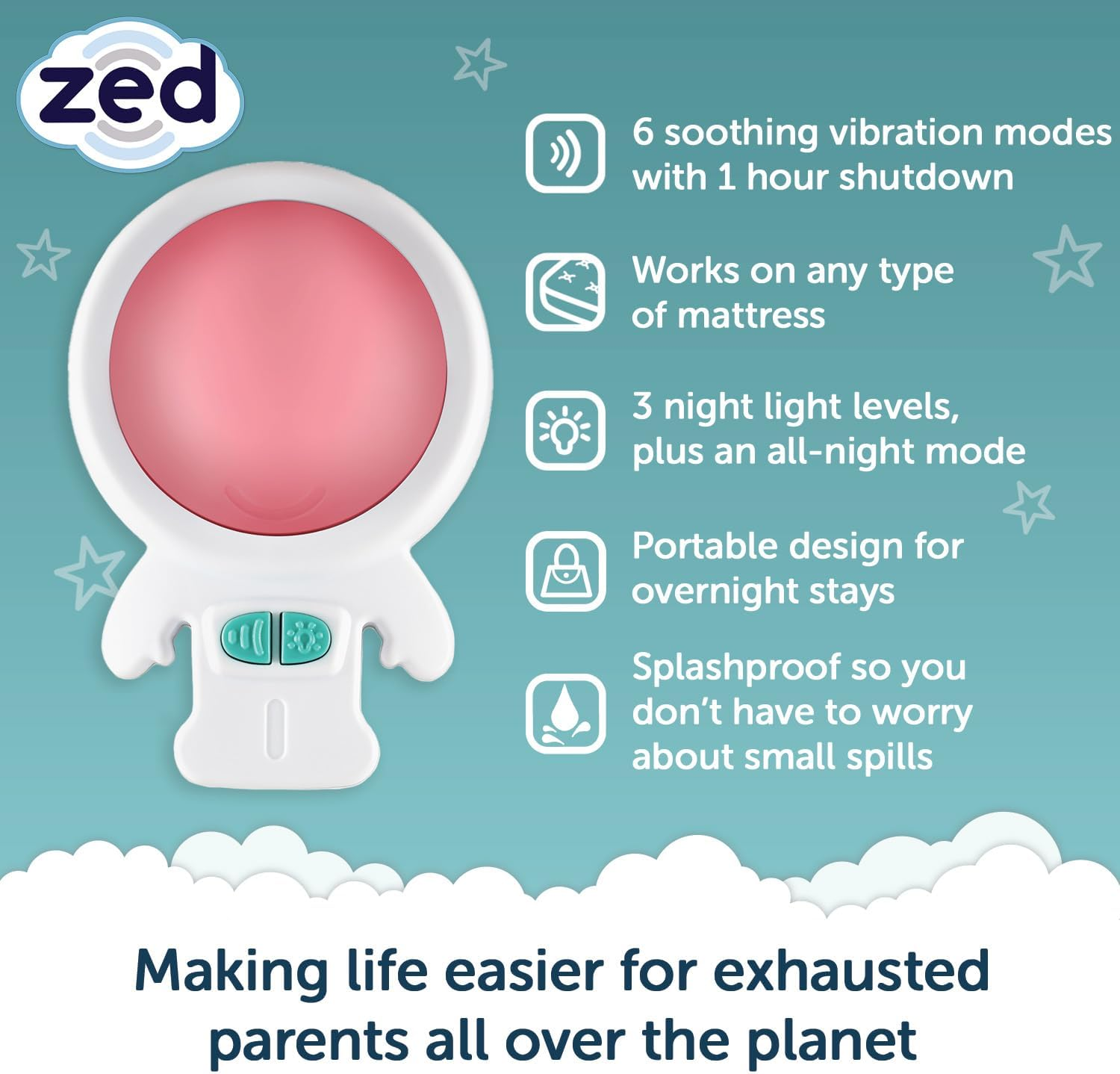 Zed by Rockit - Car like Vibrations - Baby Sleep Aid - 6 Vibrating Modes & Soft Glow Night Light - Works on All Mattresses - Baby Soothing Machine - Helps Toddlers Sleep image number 5