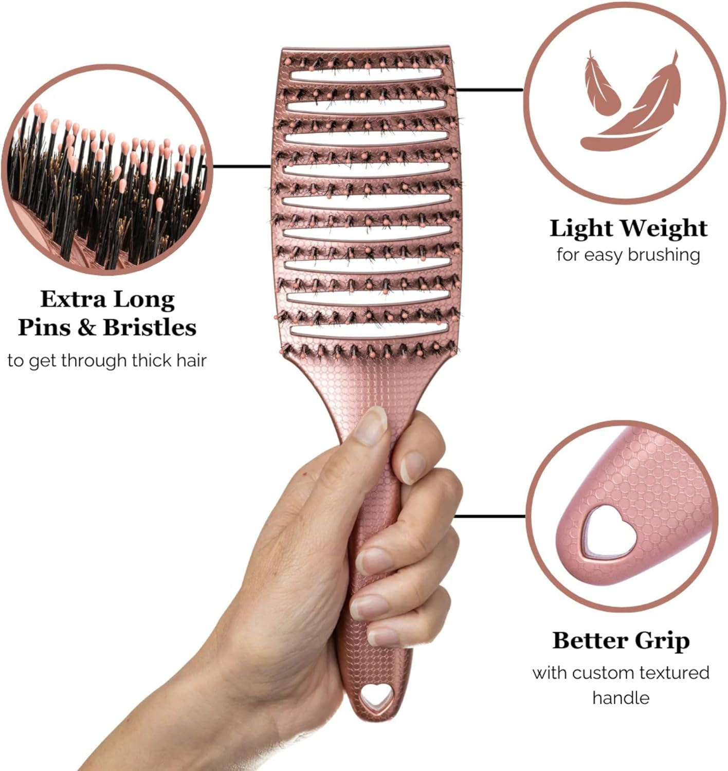 HAPPY HAIR Mother Brush - Detangling Hair Brush with Boar Bristles & Pins | Designed by Women to Detangle & Smooth Thick, Fine or Curly Hair | Pain-Free Slick Back Brush | Massage Scalp (Rose Gold) - Rose Gold image number 2
