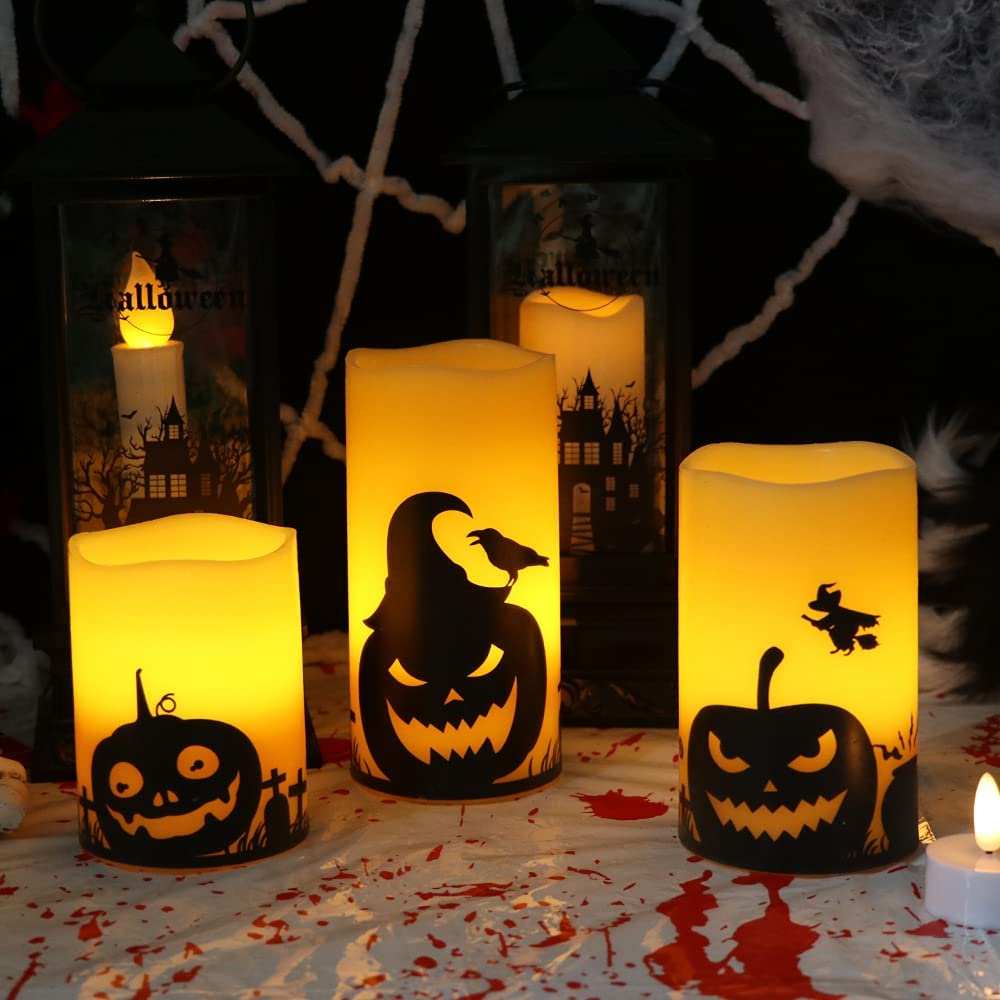 Eldnacele Halloween Flameless Candles, LED Flickering Battery Pillar Candles with 6H Timer and Pumpkin Decals, Spooky Fall Halloween Festival Party Decoration Set of 3 (D 3&rdquo; X H 4&rdquo; 5&rdquo; 6&rdquo;) image number 5