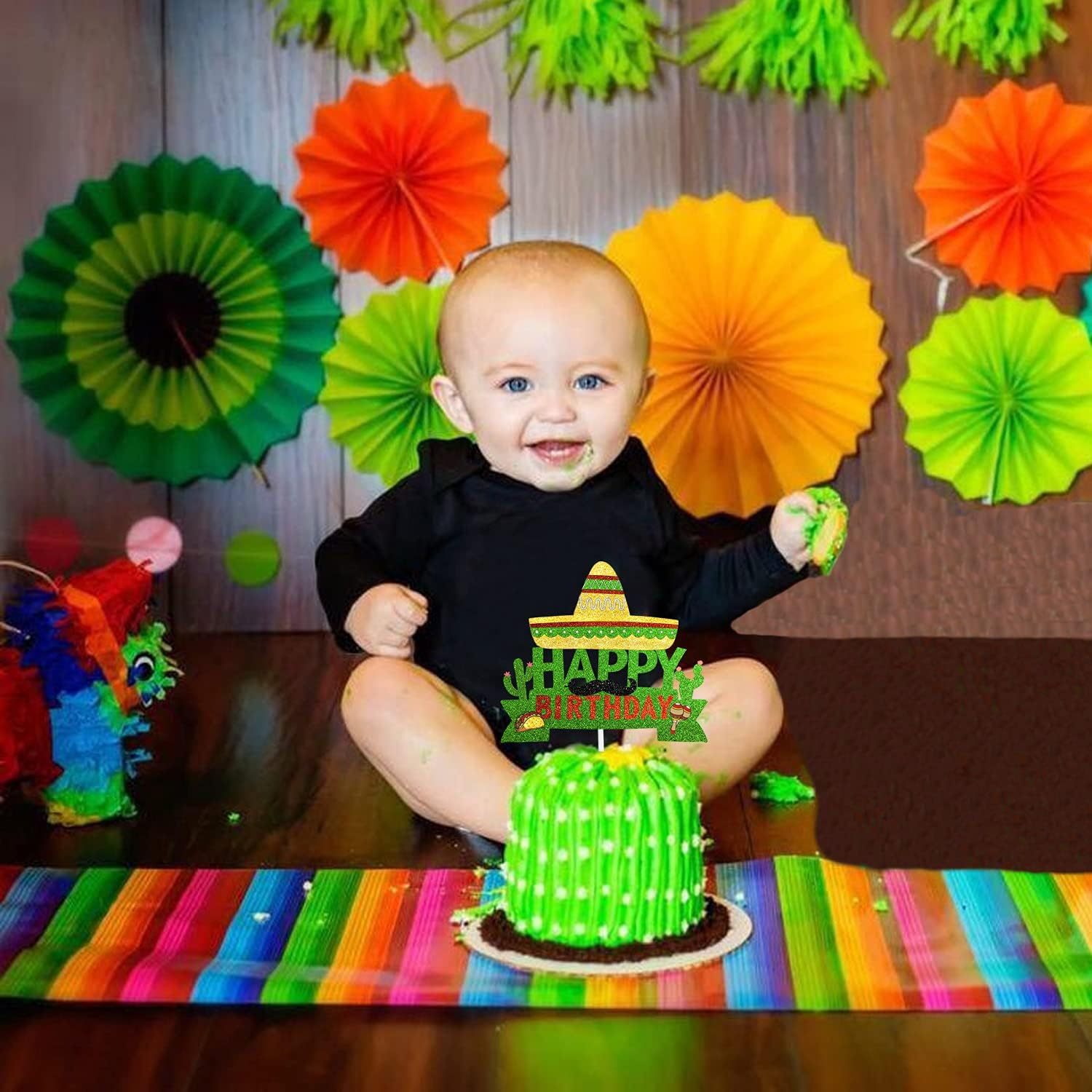 Cactus Cake Topper - Fiesta Theme Kids Boys Girls Man Women Party Decor Supplies - Mexican Maracas Moustache Happy Birthday Party Event Glitter Decoration Supplies image number 2