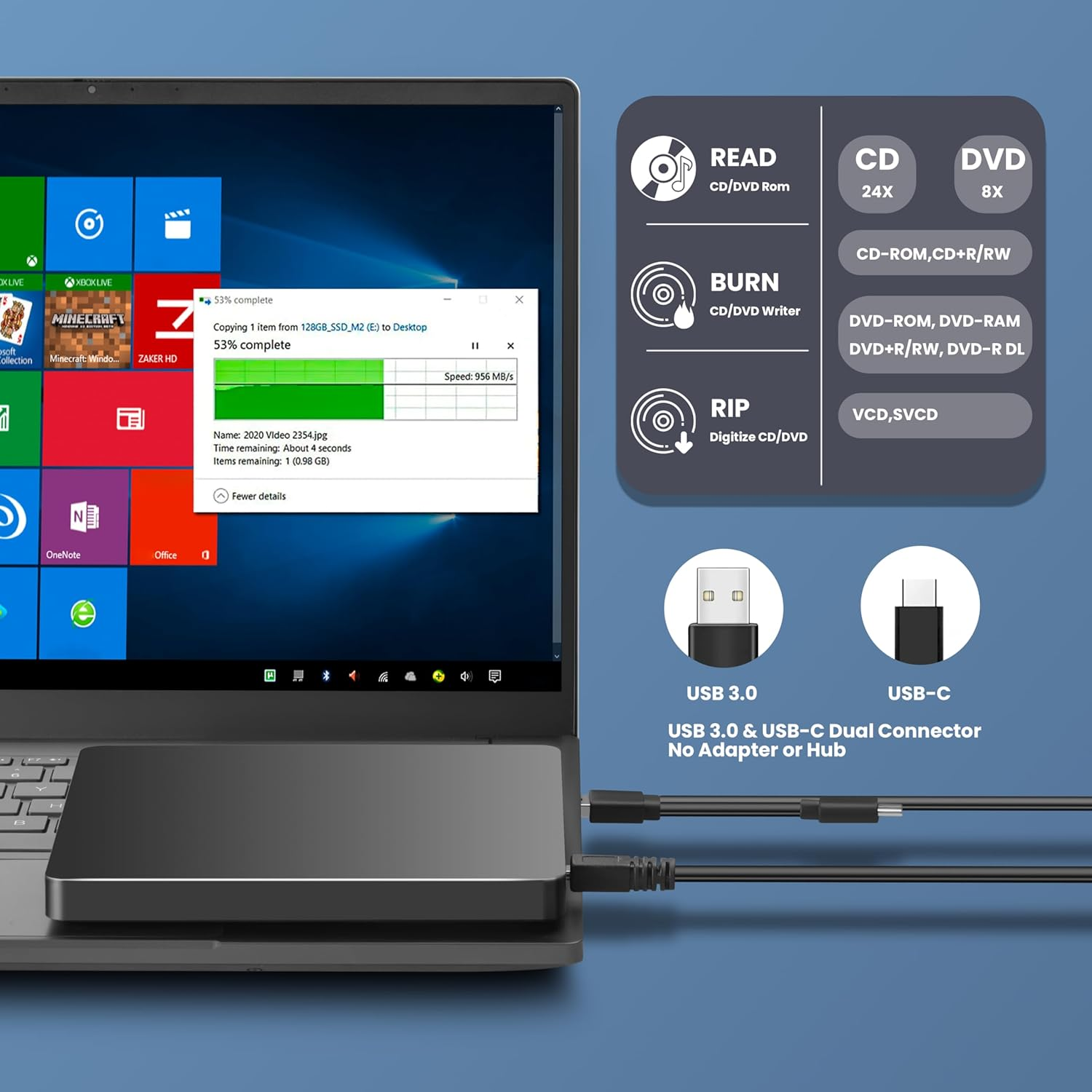 MAHAHUM External CD/DVD Drive for Laptop, USB 3.0 & USB C Disc Writer CD Burner Ultra-Slim DVD Player for Laptop Disc Reader Compatible with Desktop PC Windows 11/10/8 Linux Mac OS Mac Macbook Pro/Air image number 2