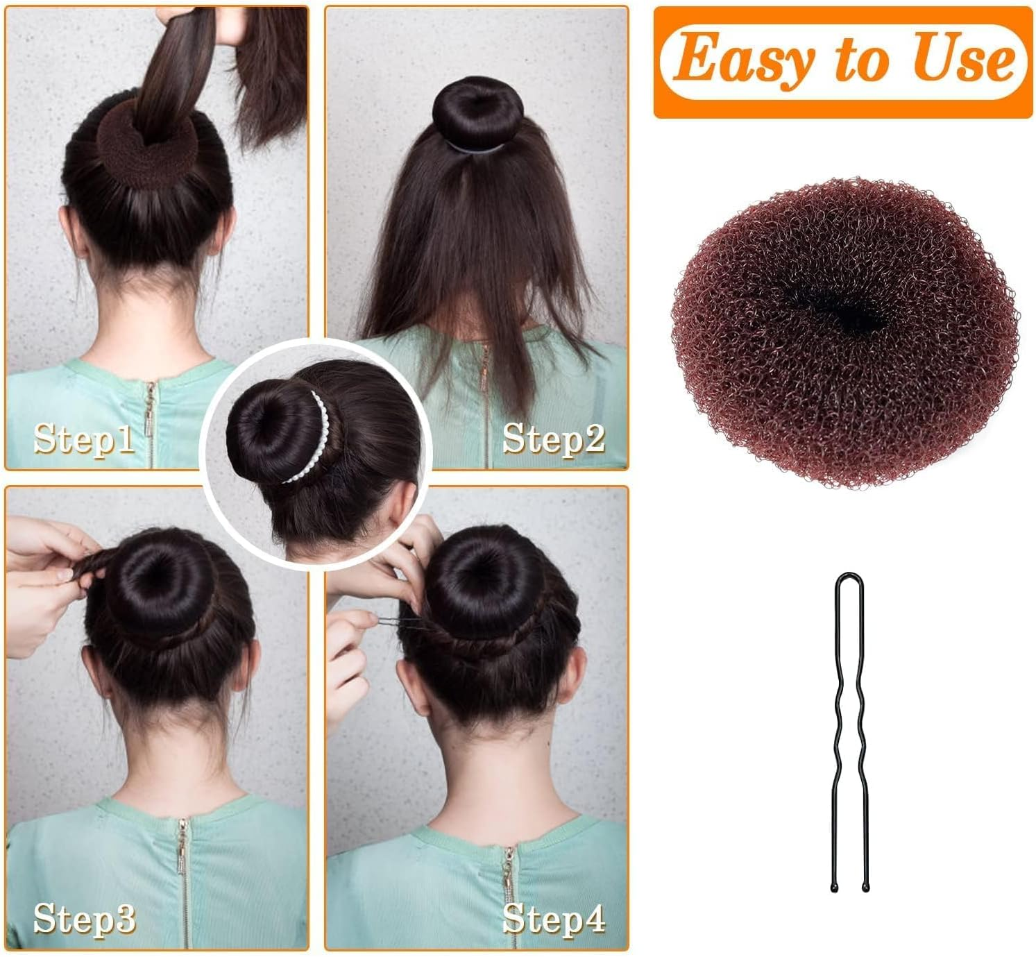 Sularpek Bun Maker Set of 4 Hair Bun Maker Set - Hairstyle Aid Set, 20 U-Shaped Hair Clip, Hair Pin, Bun Pillow, Hair Styling Hair Accessories for Children, Girls, Women (Brown) image number 3