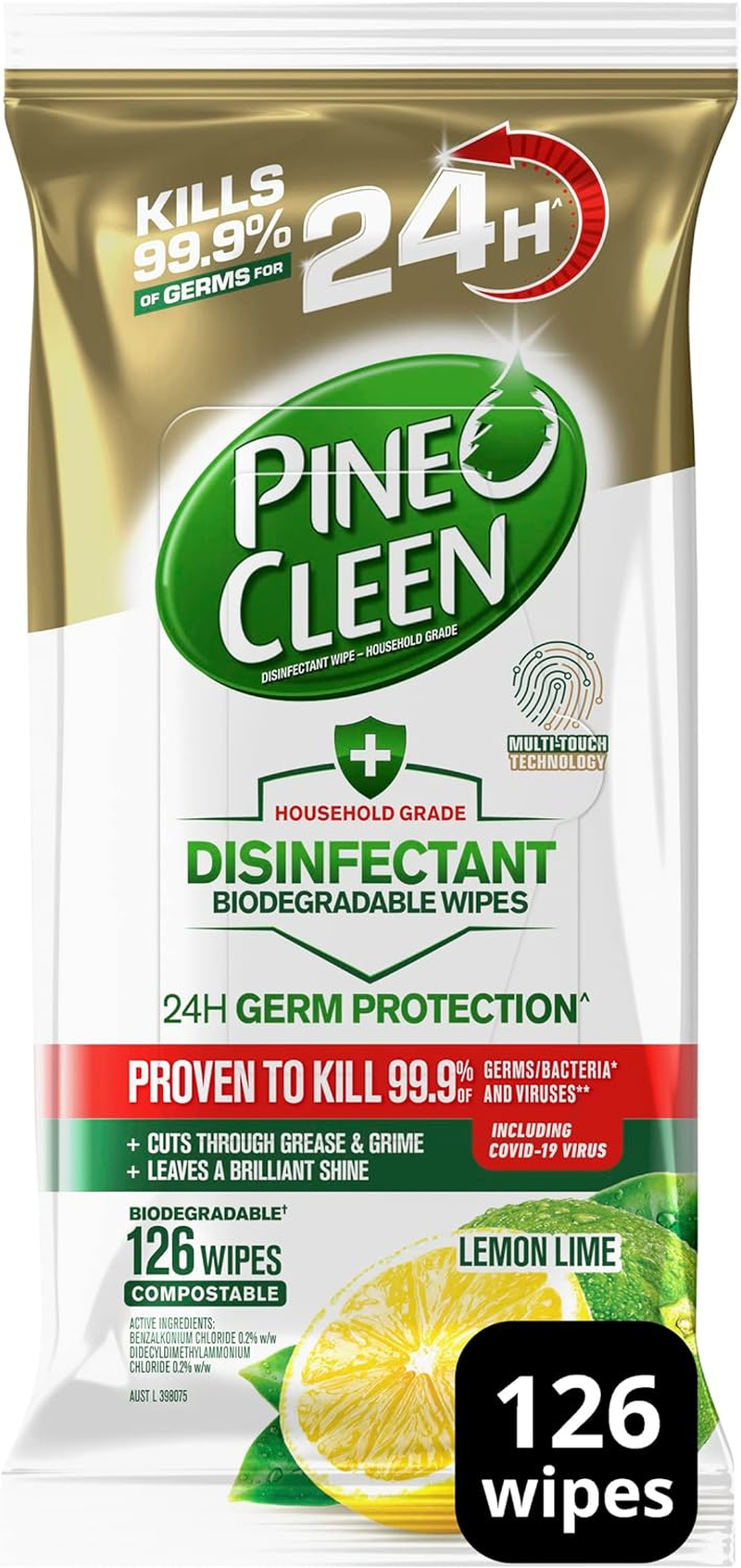 Pine O Cleen 24H Germ Protection Disinfectant Biodegradable Wipes Lemon Lime 252 Pack image number 6