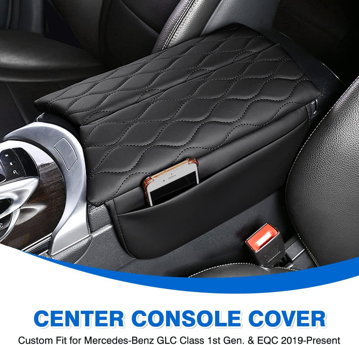 Karltys Compatible with Center Console Cover Mercedes Benz GLC Class 2016-2022 EQC 2019-2023 Accessories Armrest Cover Pad Leather Cushion Protector with Phone Holder Storage Pockets Black image number 1