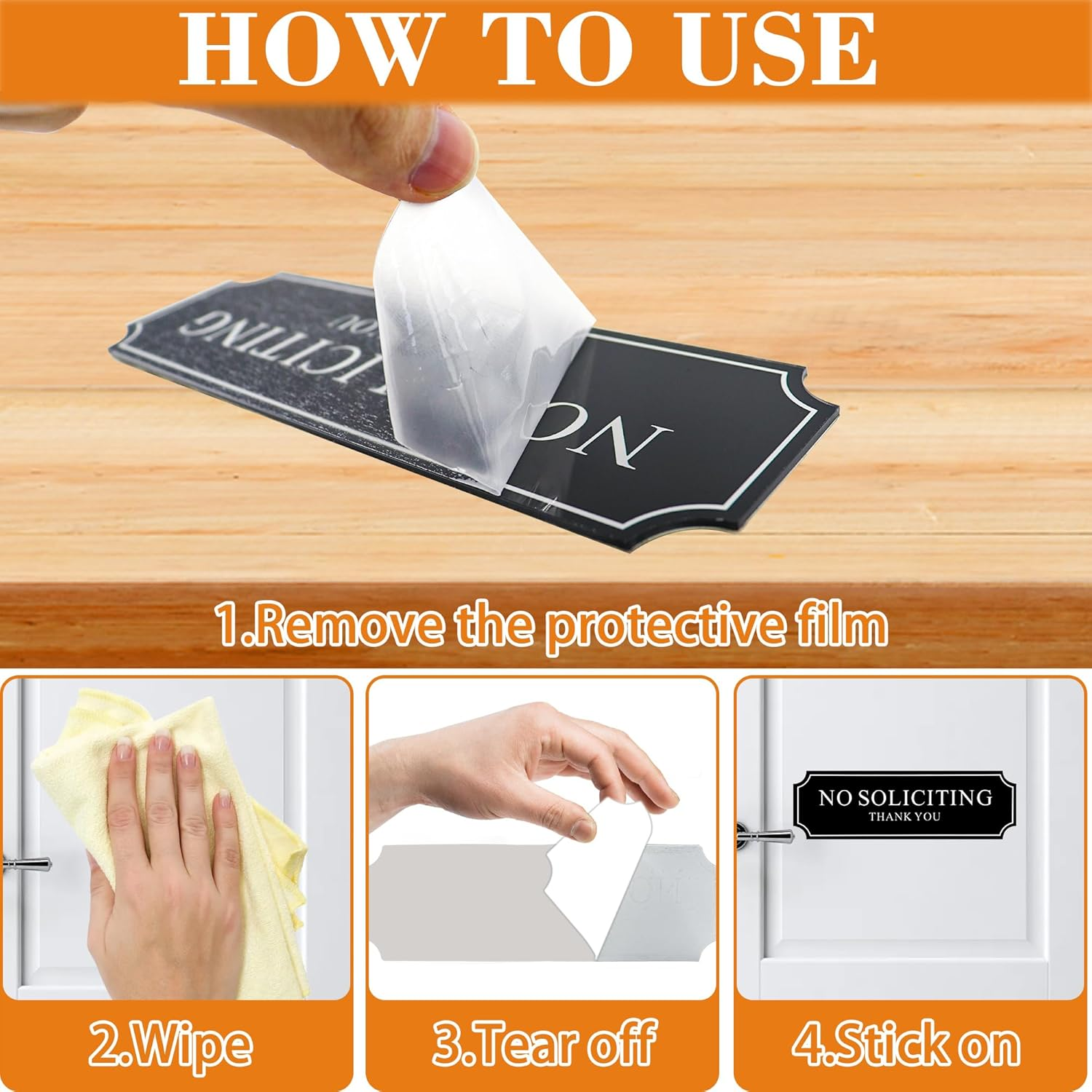 No Soliciting Sign for House Door, Self-Adhesive No Soliciting Sign for Front Door, 8 X 2.48 Inch No Soliciting Sticker for Yard, Apartments, and Office (1Pcs, White Letters) image number 1