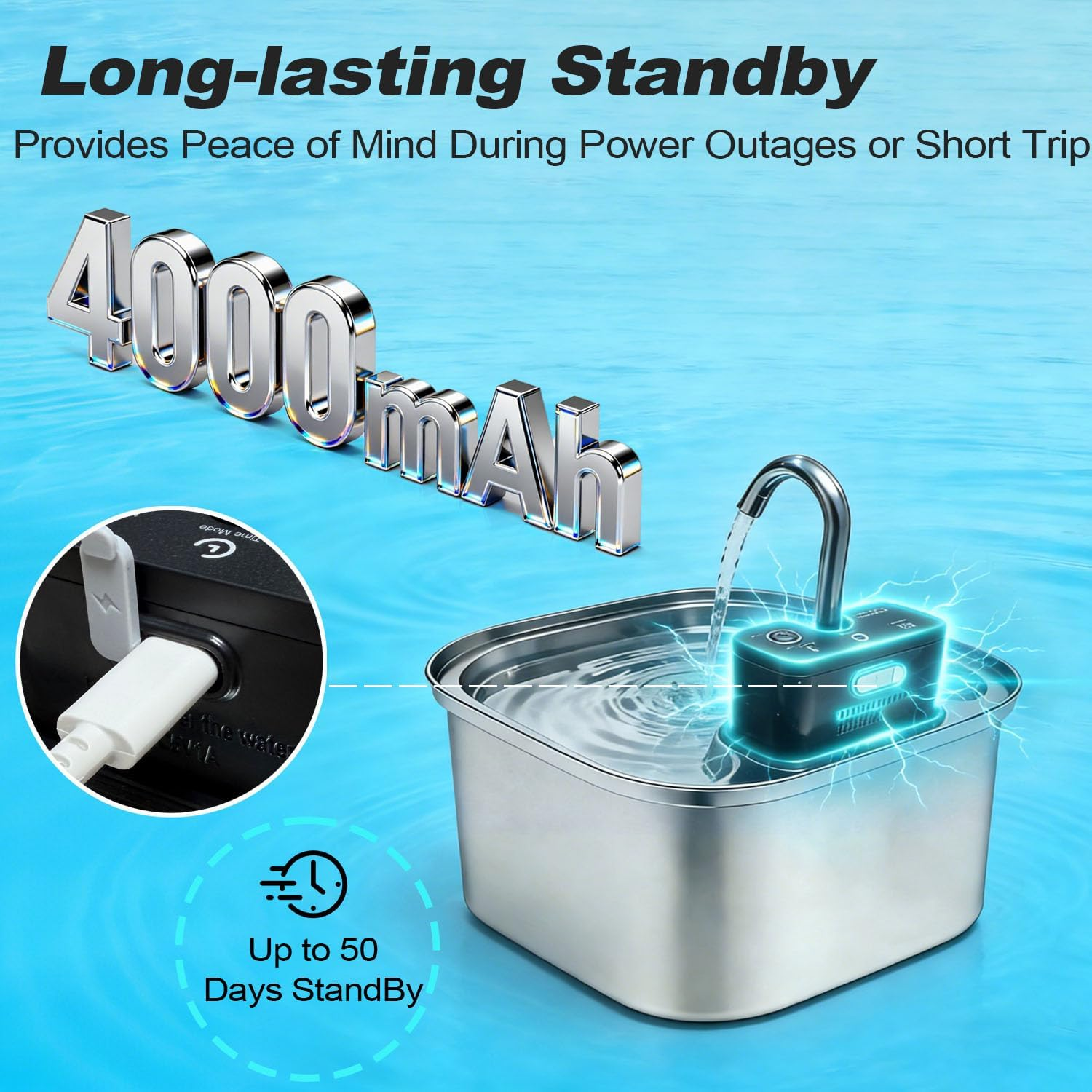 Wireless Cat Water Fountain Stainless Steel, 3.2L/108Oz Pet Water Fountain for Cats inside with Level Window, Ultra-Quiet Pump Pet Dispenser with Five Filters for Cats,Dogs, Dishwasher Safe (Silvery) image number 6