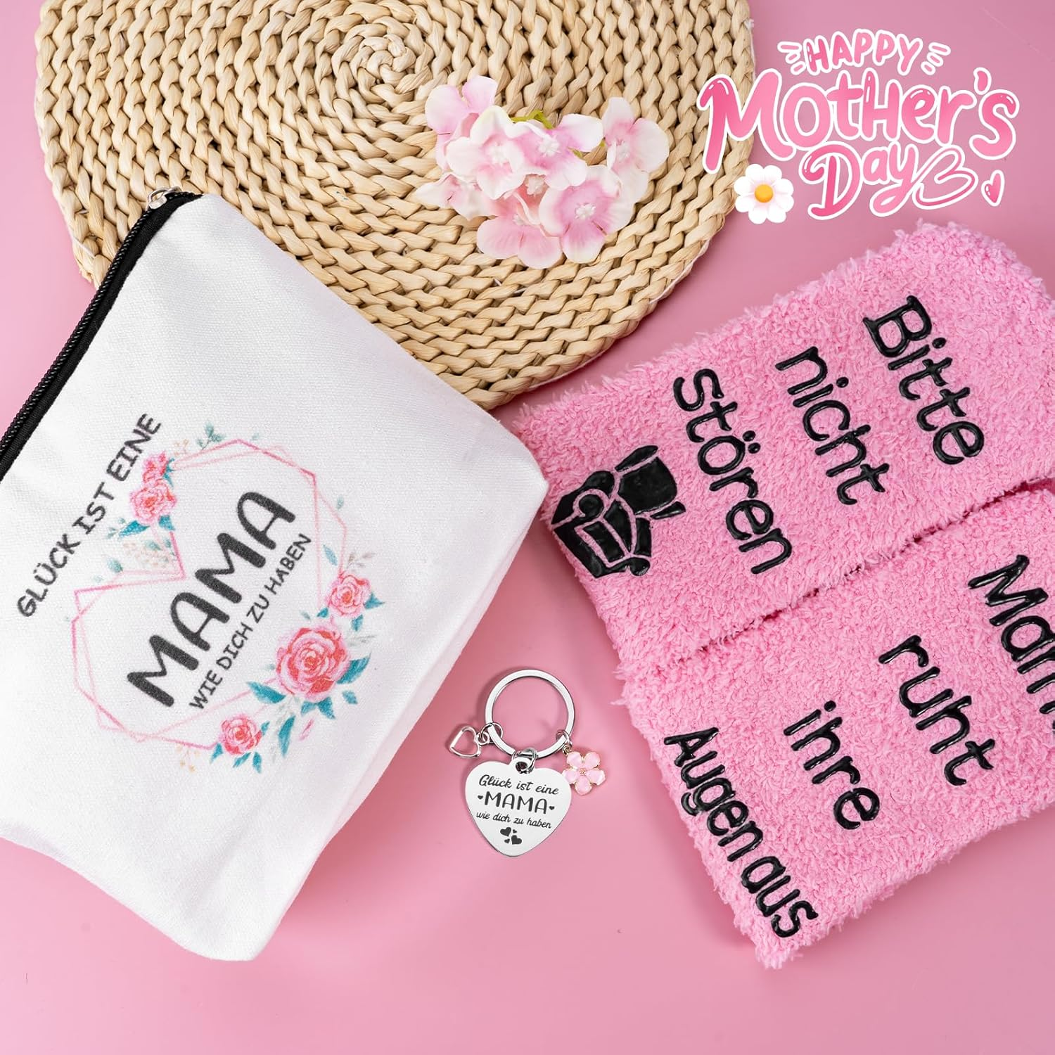 SREBIWO Gifts for Mum Socks Including Cosmetic Bag for Women Socks and Keyring, Mother Pink, One Size image number 3