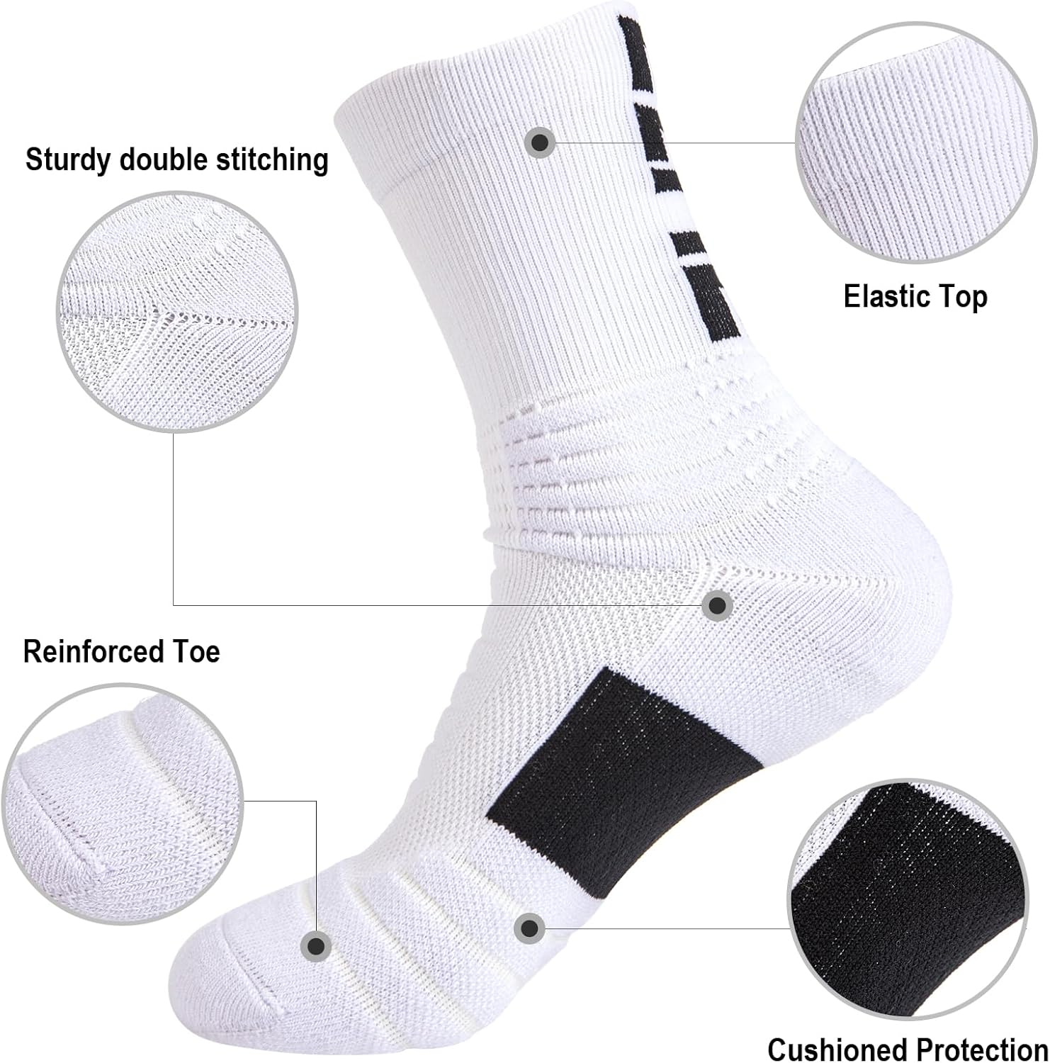 5 Pairs Cushion Crew Socks Elite Athletic Socks for Men Women for Basketball, Running, Sports, Walking, Working, Cycling, Hiking, Football