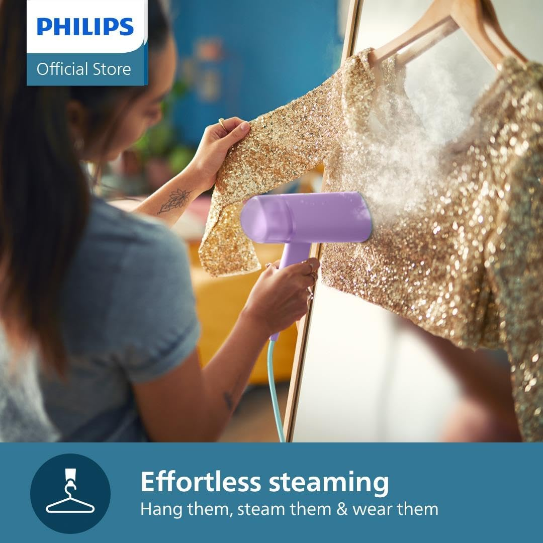 Philips 3000 Series Handheld Steamer - 1000W, 20G/Min Steam, Detachable 100Ml Water Tank, Plastic Plate, Storage Pouch, 630 G Light Weight, Compact and Foldable, Purple (STH3010/30)