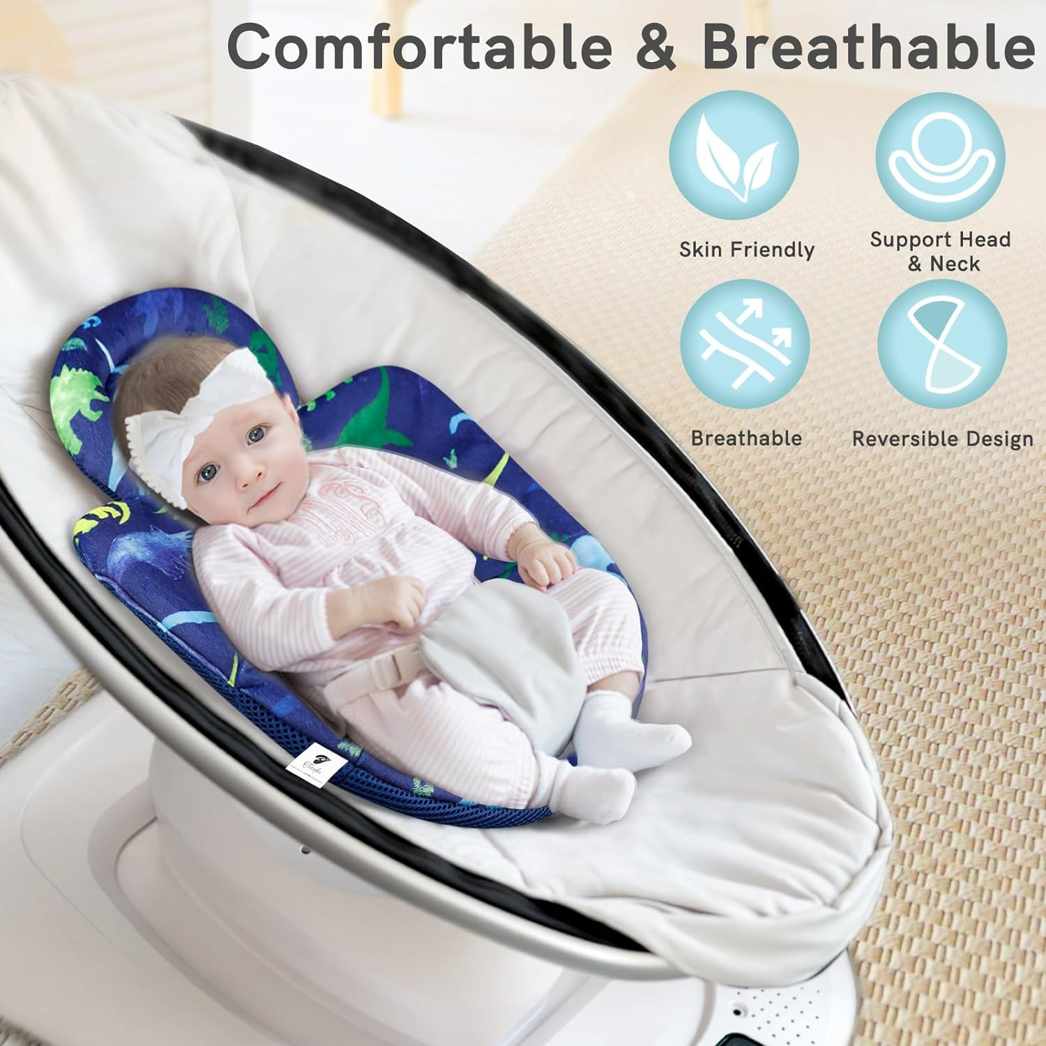 Infant Insert Boys, Newborn Head & Body Support Insert Cushion for Newborn to Toddler, Compatible with 4Moms Mamaroo and Rockaroo Swing, Reversible Design, Minky & Cool Mesh, Soft Breathable, Dinosaur - Purple Flower image number 5