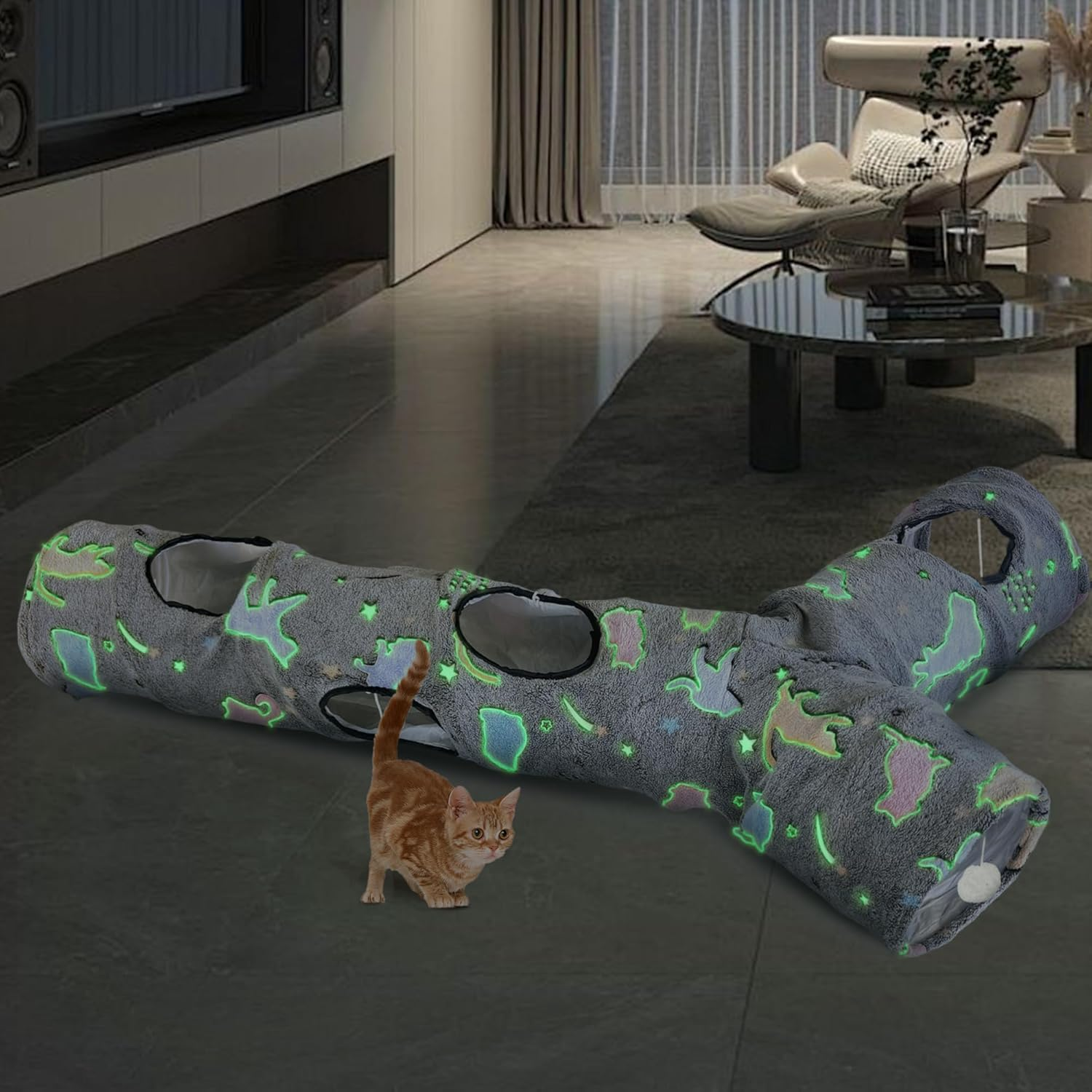 GRETMIX Cat Tunnels for Indoor Cats, Self-Luminous Cat Tunnel with Plush Ball, 3 Way Kitten Tunnel Collapsible, Cat Play Tunnel with Interactive Peephole for Large Cat, Puppy, Kitten image number 2