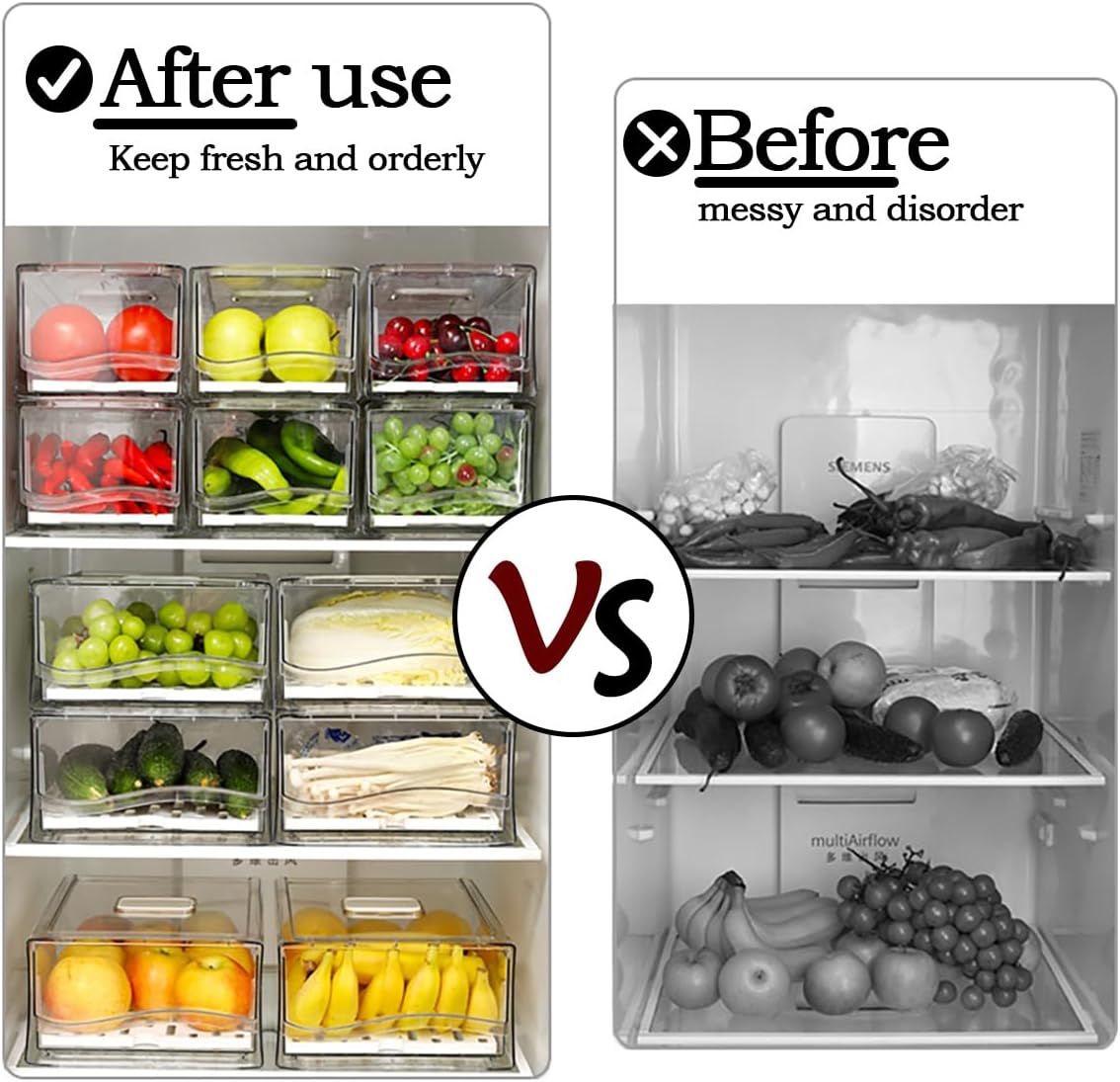 Anshine 2 Pack Clear Fridge Organizer,Pull Out Stackable Fridge Organiser with Lids、Draining Tray and Drawer, Storage Containers with Ventilation System for Kitchen Organization (2 Pack Large Size) image number 1