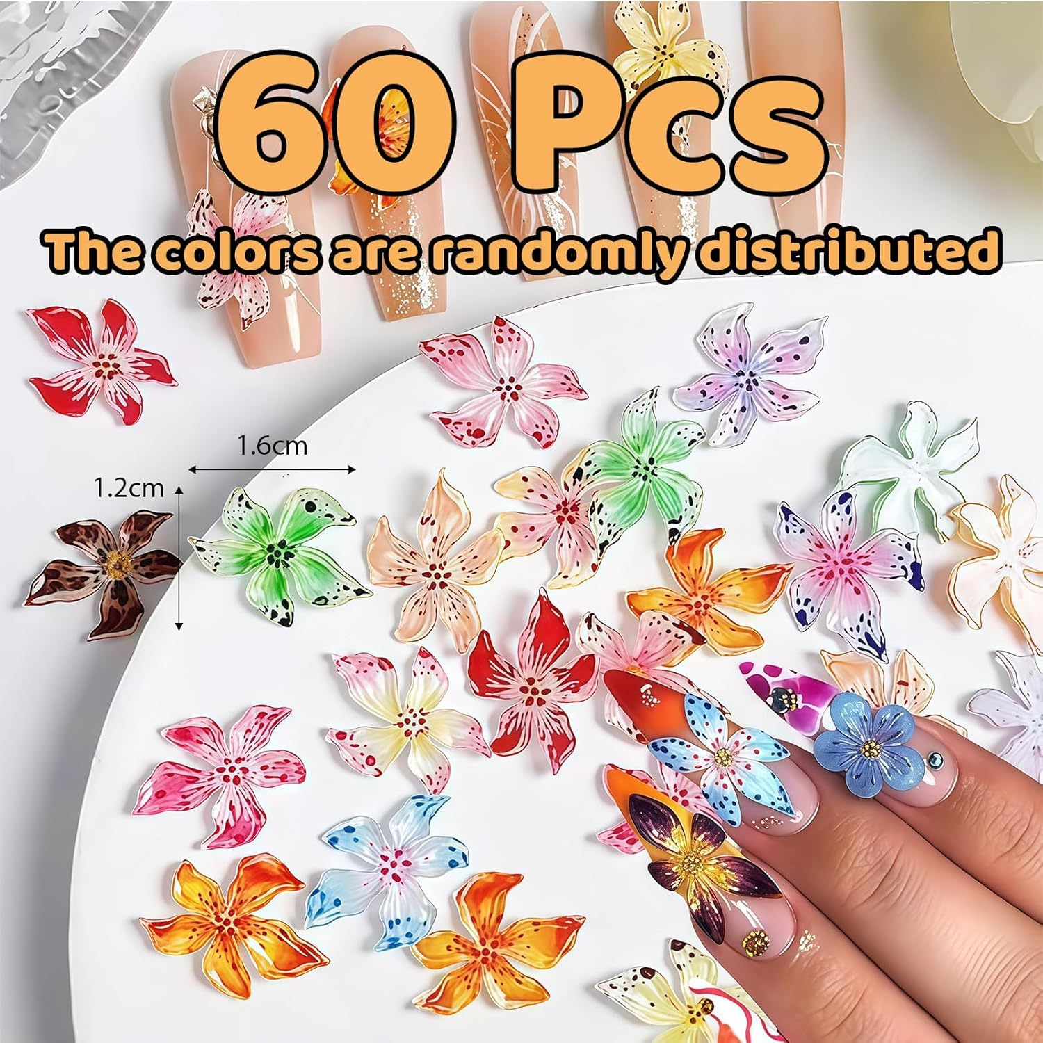 60 Pieces Charms Nails, 3D Flower Nail Art Charms, Colourful Flower Nail Gems for Women, Summer Nail Designs, DIY Nail Accessories image number 1