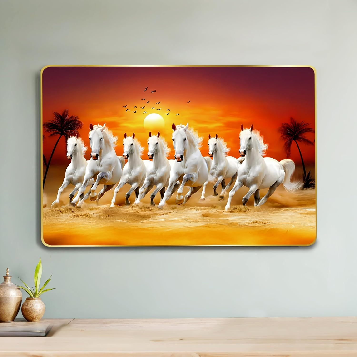 Rousrie 7 Horses Realistic Painting with Frame for Wall Vastu | Seven Running Horse Painting for Wall Decor Living Room Decoration | Big Size Photo Frame | 47 by 32 Cm image number 2