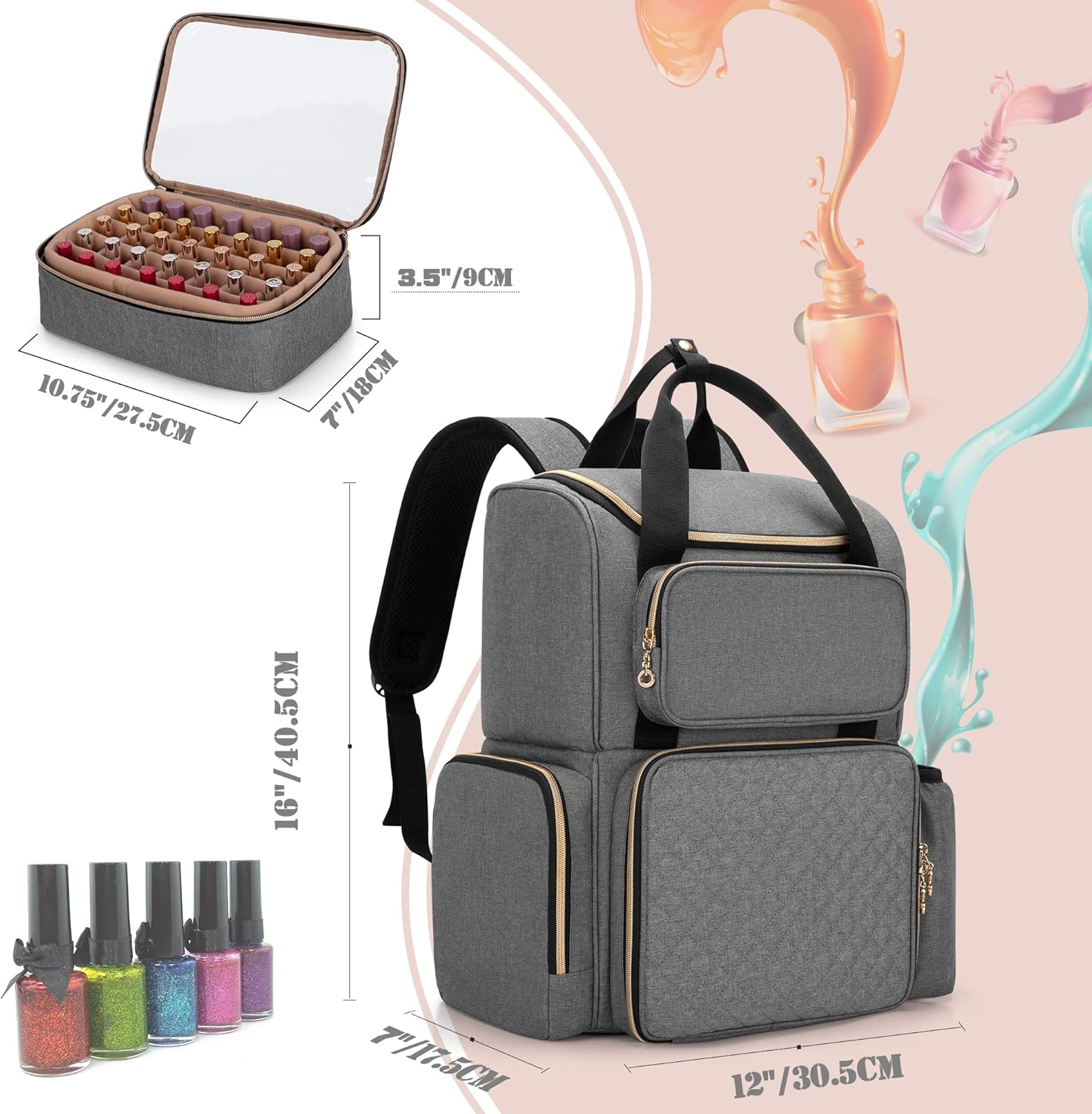 Luxja Nail Polish Organizer Backpack Holds 70 Bottles, Gray, M, Modern - Gray image number 6