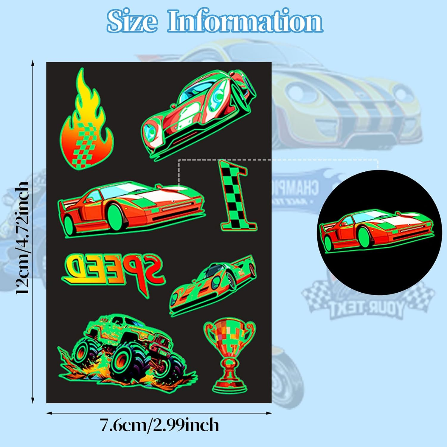 CCINEE 12 Sheets Monster Truck Temporary Tattoos for Kids,93 Pcs Luminous Groovy Racing Car Trophy Wheel Checkered Flag Tattoo Stickers for Birthday Party Supplies Classroom Rewards image number 1
