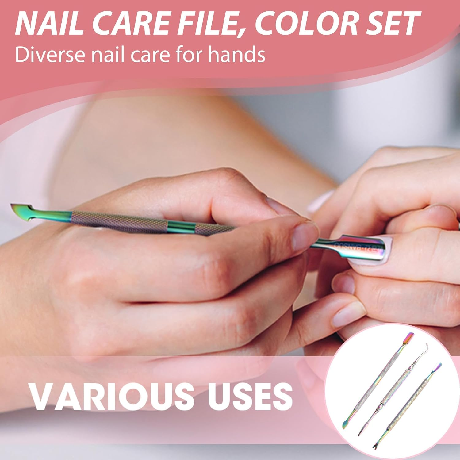 3 Pcs Cuticle Pusher, Cuticle Remover Cuticle Trimmer, Cuticle Tool Set, Double-Headed Stainless Steel Nail Pusher, Manicures & Pedicures - Nail Removal Tool (Rainbow) image number 1
