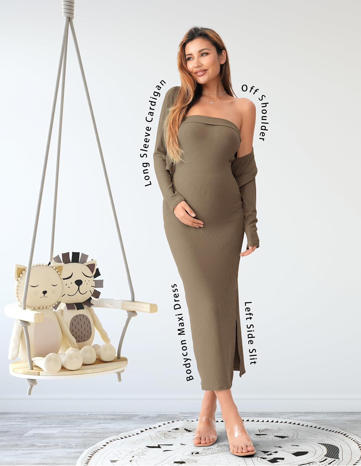 SUNNYBUY Baby Shower Maternity Tube Dress Short Cardigan Bodycon Ribbed Maxi Dress Casual 2 Piece Pregnancy Outfit Set image number 4