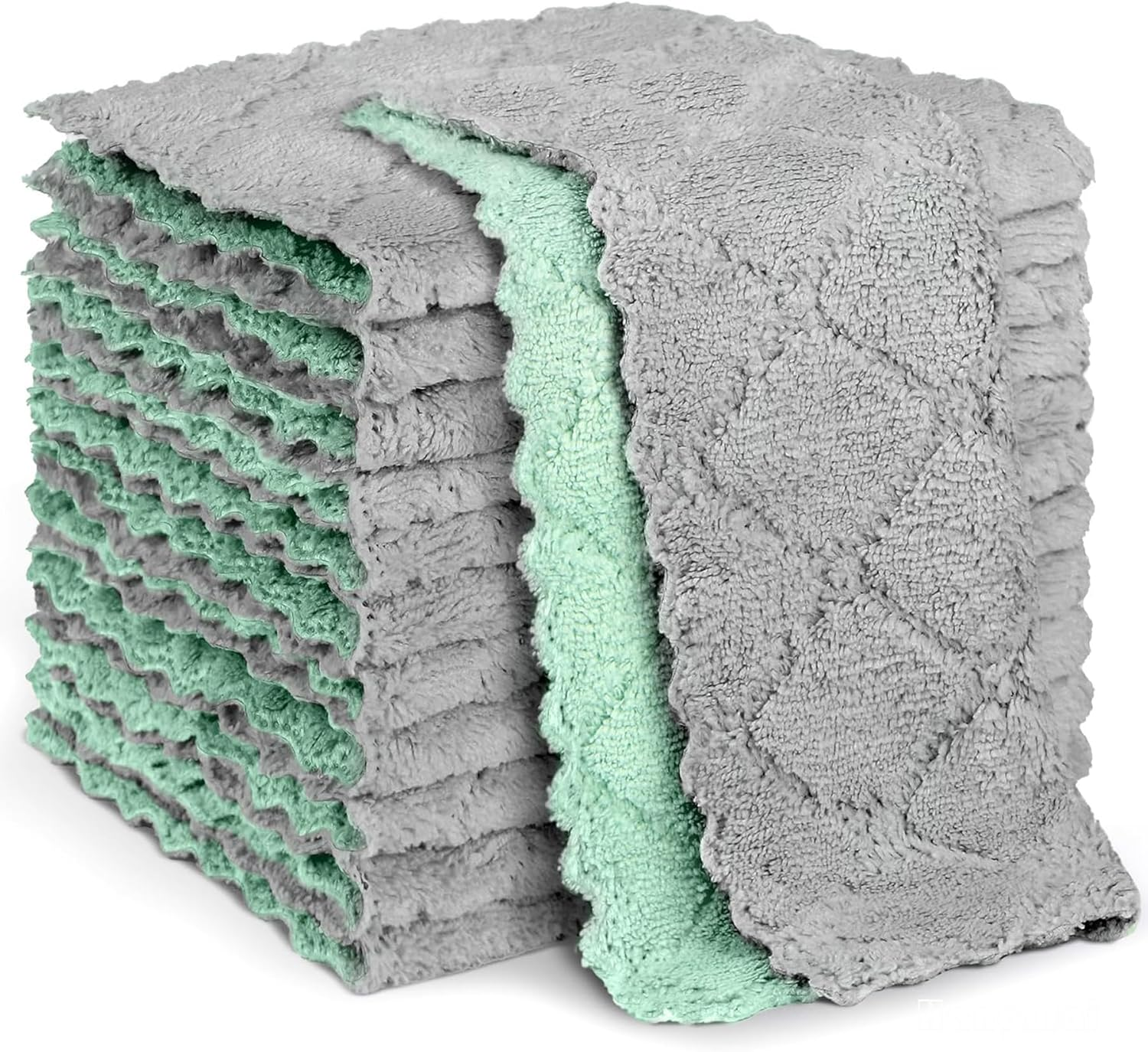12 Pack Kitchen Cloth Dish Towels, Premium Dishcloths, Super Absorbent Coral Velvet Dishtowels, Nonstick Oil Washable Fast Drying (Green-Grey) image number 2