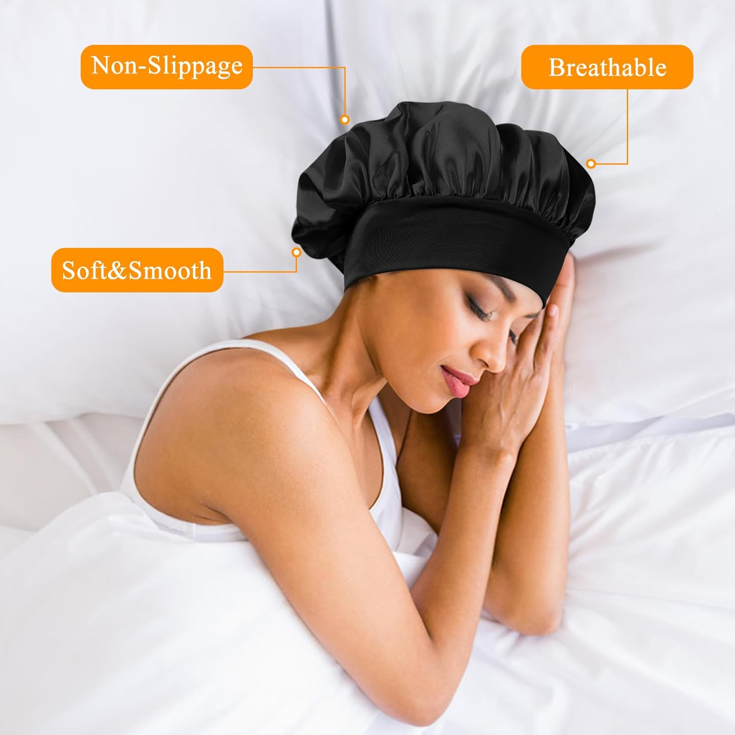 2 Pcs Silk Hair Wrap for Sleeping, Stain Bonnets Hair Bonnet with Wide Elastic Band, Soft Night Sleep Cap for Women Girls, Curly Hair Care Head Cover for Night Sleep (Black+Beige) - Black+Navy Blue image number 6