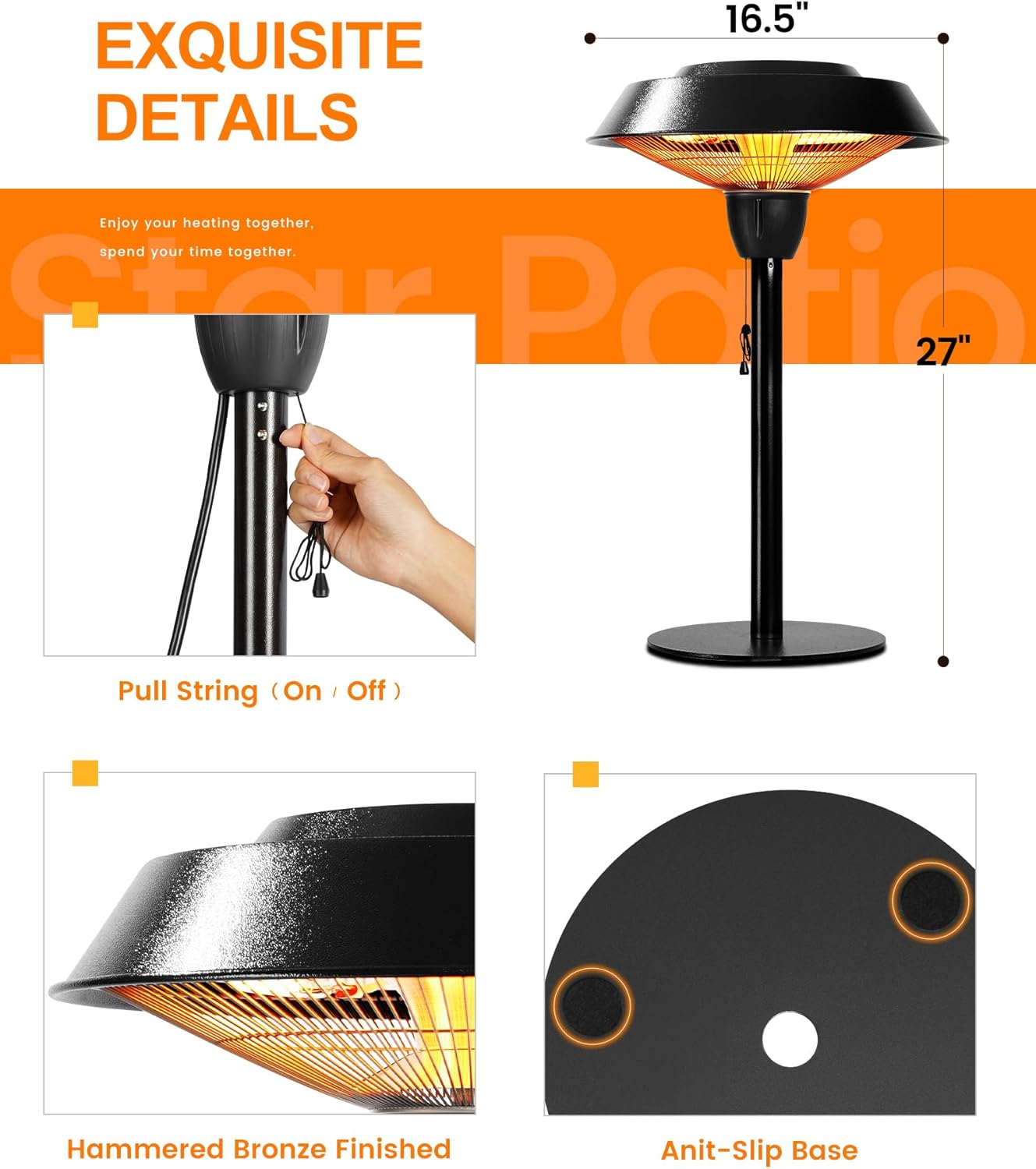 Star Patio Outdoor Heater, Electric Patio Heater, Tabletop Heater, Infrared Heater, Hammered Bronze Finished, Portable Heater 1500W, ZHQ1566-CT AU image number 6