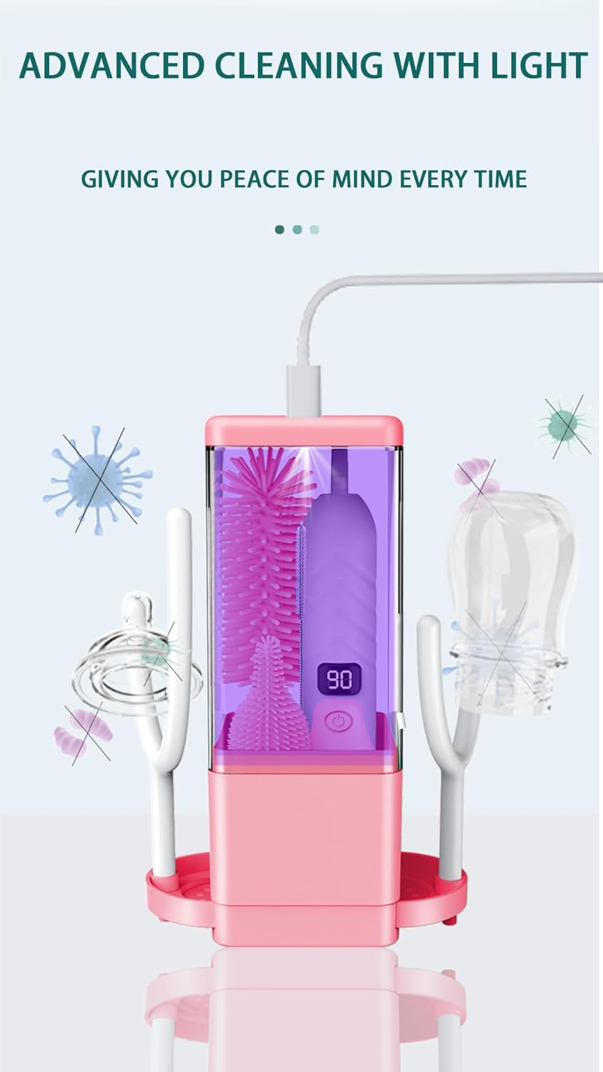 Electric Baby Bottle Brush Cleaner Set,8 in 1 Automatic Baby Bottle Cleaning Kit,Silicone Bottle Brush,Pink - Green image number 3