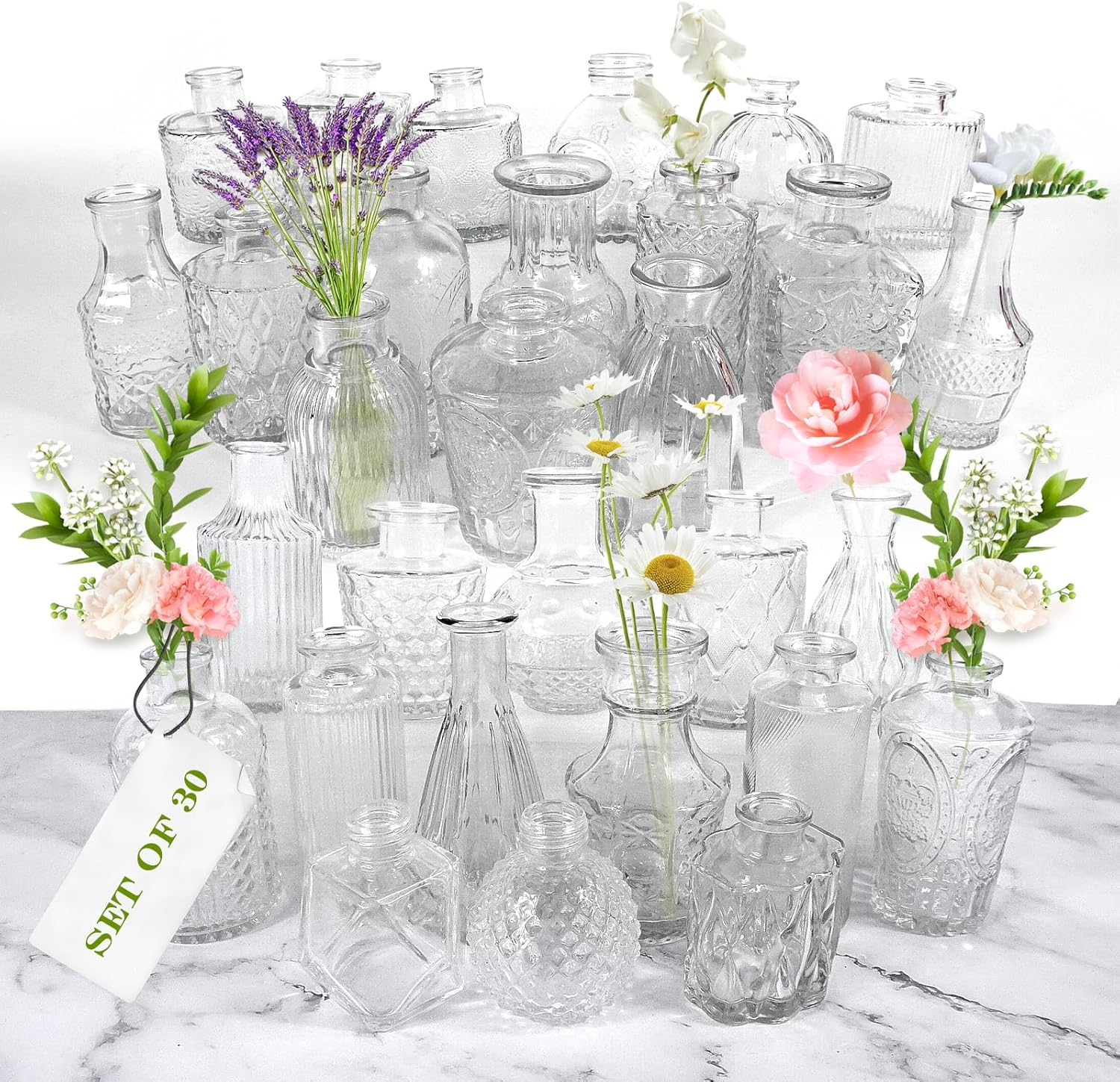 Lenamos Glass Bud Vases in Bulk Set of 30, Small Flower Vases Clear Vases for Centerpieces, Mini Vintage Vases for Flowers for Wedding Party Home Decorations Rustic Farmhouse Table Decor image number 6