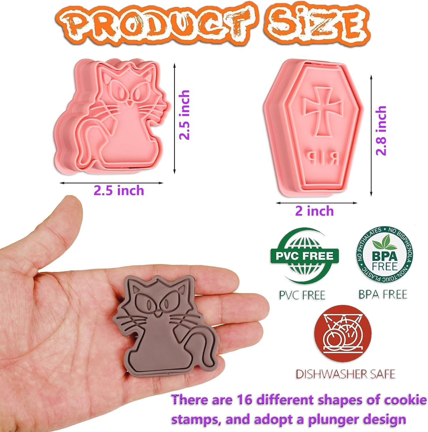 Sakolla 16 Pcs Halloween Cookie Cutters, 3D Cookie Cutter with Plunger Stamp, Halloween Cookie Molds -Ghost, Bat, Pumpkin, Cat, Castle,Tombstone, Witch, Spider, Skull, Etc.