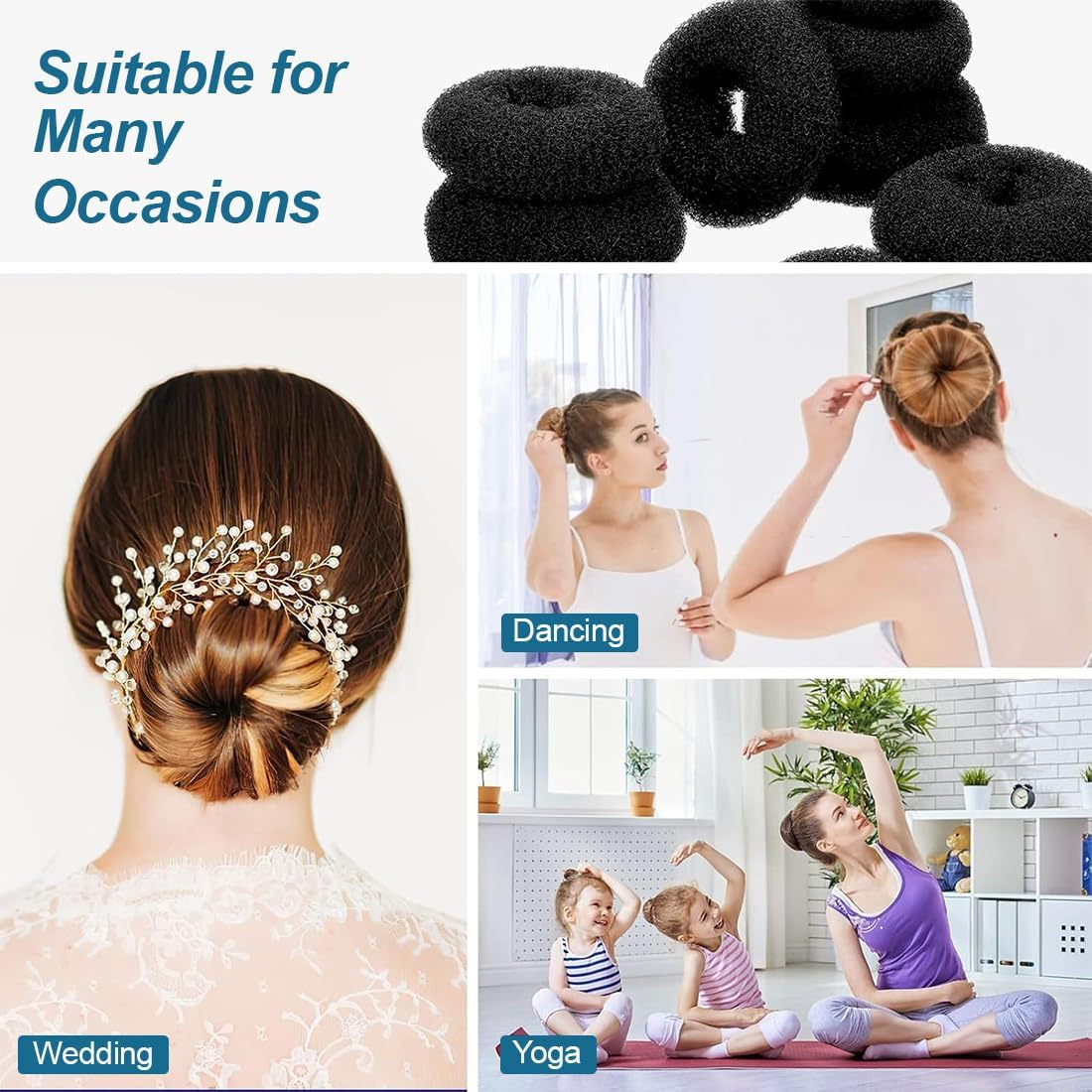 KIRZAX 7 Piece Doughnut Hair Bun Maker Set with 5 Elastic Hair Bands, 20 U-Shaped Hair Clip, Hairpin, Bun Aid Updo Accessories, Bun Maker for Children, Girls, Women (Black) image number 1