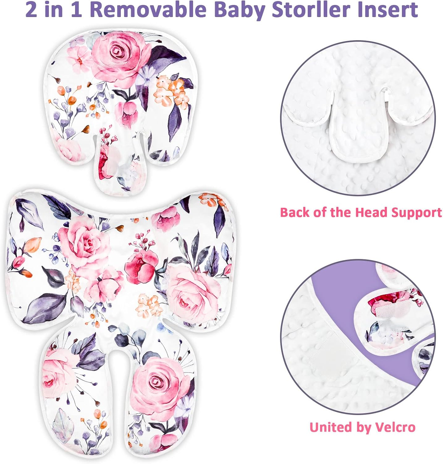 Baby Car Seat Head Support for Newborn,Pea Pod 2 in 1 Infant Car Seat Head Body Support for Girls Extra Soft Breathable Baby Car Seat Cushion Insert for Strollers, Swings, and Bouncers, Pink Floral image number 2