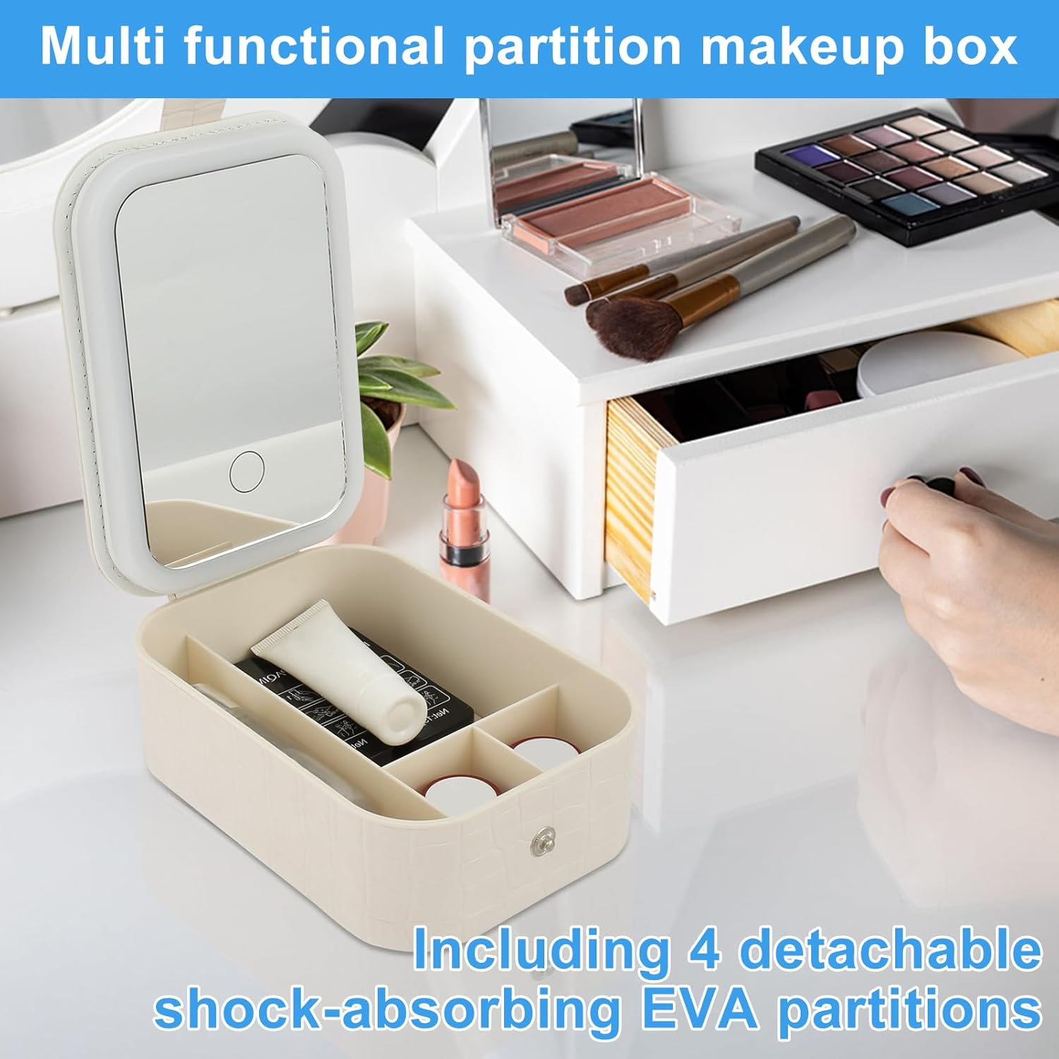 Travel Makeup Bag with LED Light up Mirror, 3 Color LED Adjustable Brightness Travel Cosmetic Bags, 4 Removable Shockproof EVA Partitions Waterproof Makeup Organizer Bag with Lighted Mirror (White) image number 4