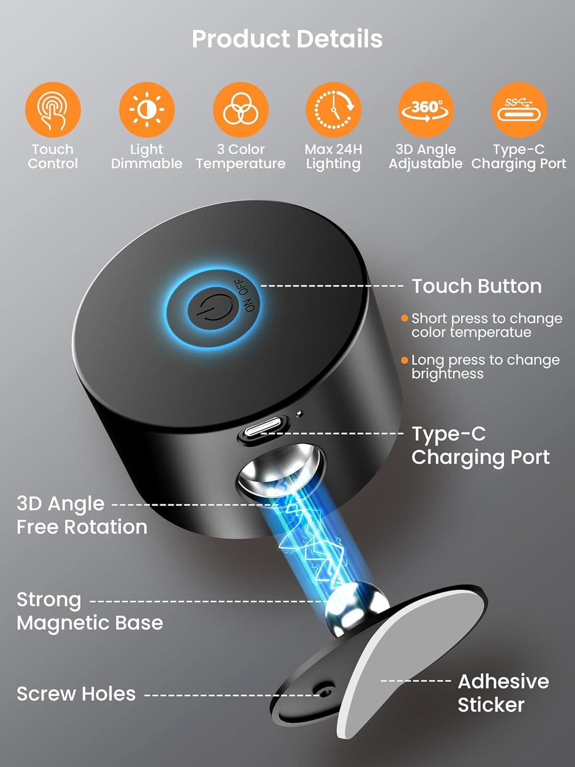 LED Wall Sconces Battery Operated 360&deg; Rotation Decor Wall Mounted Cordless Lights, 3 Color Temperatures & Dimmable, Wireless Magnetic Picture Lights Bedside Wall Lamps Bedroom, Livingroom-Black - Wood image number 5