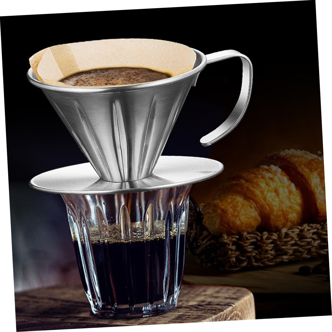 Stainless Steel Coffee Filter and Tea Strainer, Reusable Handheld Drip Filter Funnel with Non-Slip Base for Home Brewing and Tea Making image number 4