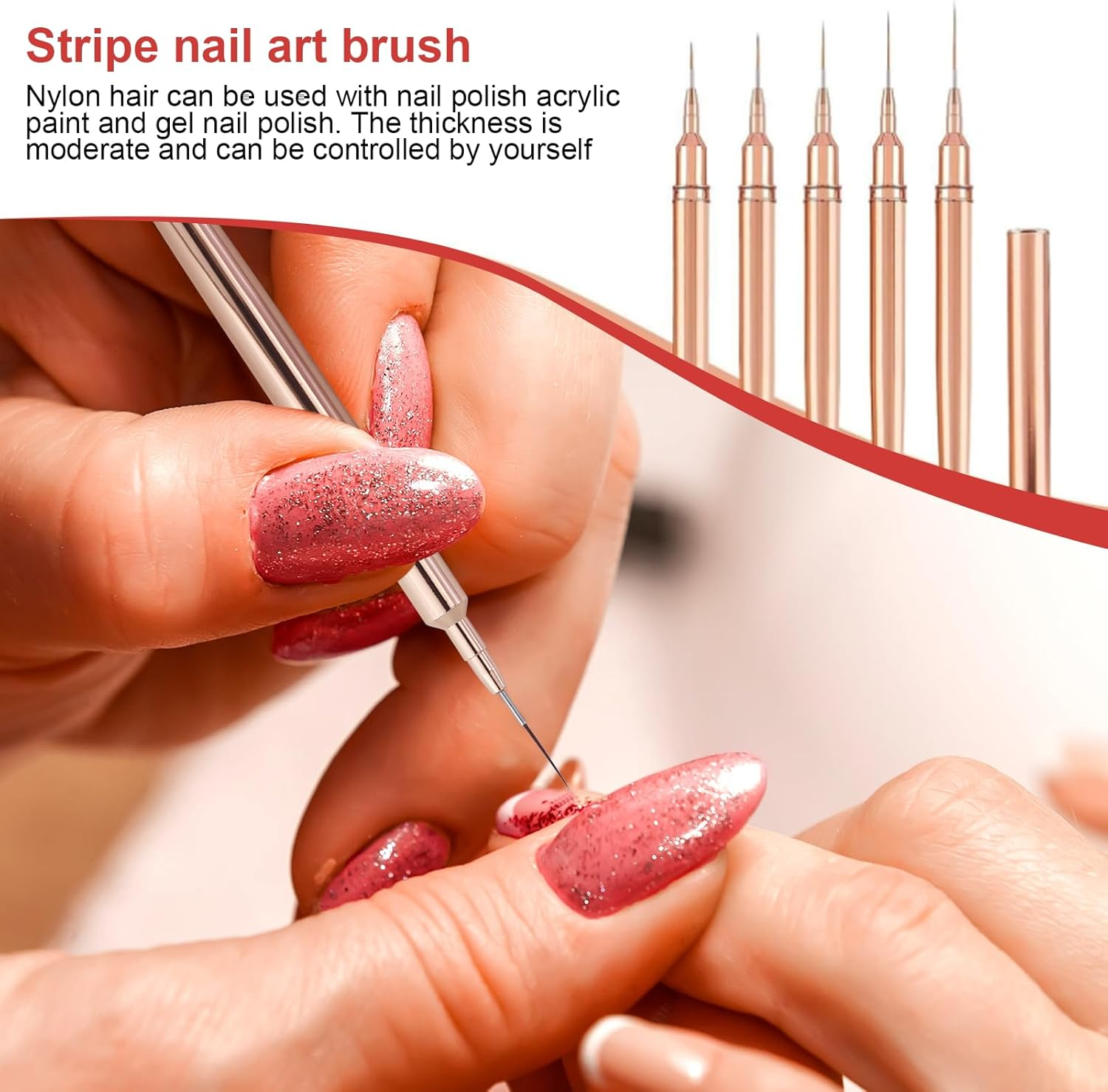 5Pcs Nail Art Liner Brushes,Nail Art Tools,Painting Nail Art Brushes for Long Lines, Details, Fine Drawing Nail Dotting Drawing Tool Set 7Mm/9Mm/11Mm/15Mm/25Mm(Gold) image number 4