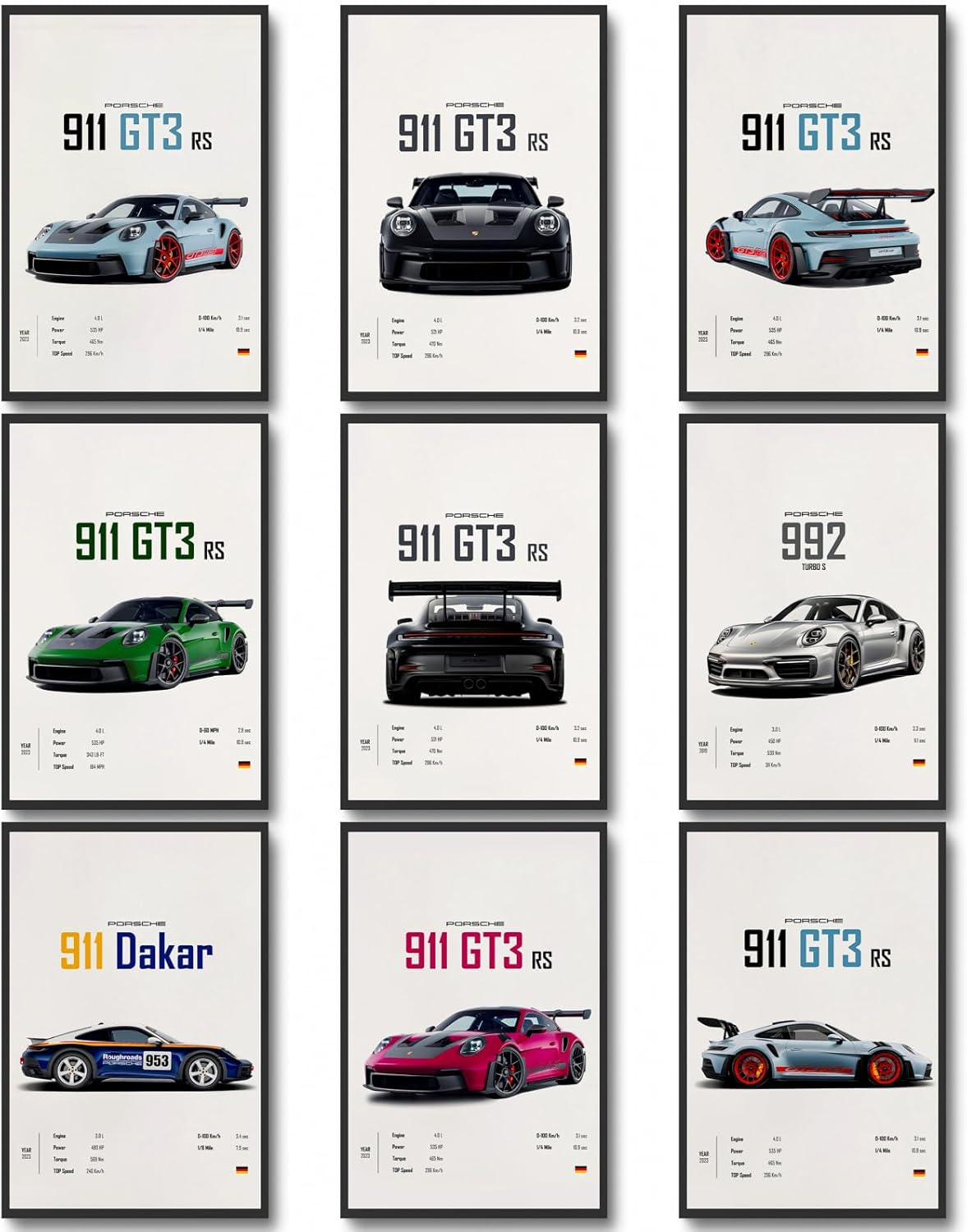 Dazongweihan 9Pcs Super Car Posters for Boys Room, Racing Car Wall Art for Men Guys, Sports Car Wall Decor, Race Cars Pictures Wall Decor for Bedroom Dorm Man Cave (Unframe,8X12Inch) (R1)