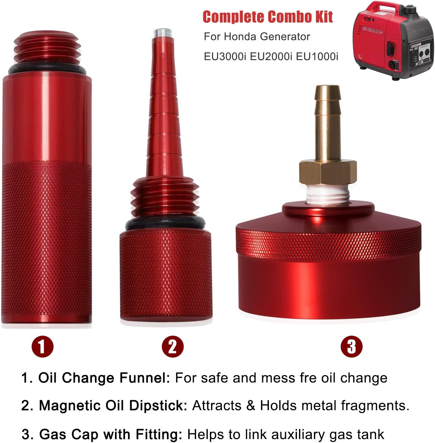 For Honda Eu3000I Eu2000I Eu1000I Generator Extended Run Gas Cap, Mess Free Oil Change Funnel & Magnetic Oil Dipstick Aluminum Red (Set of 3) image number 4