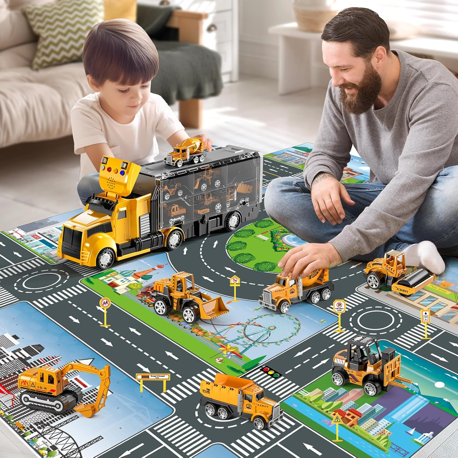 Construction Trucks Toy Set with Play Mat, Carrier Truck Play Vehicles Set for 3 4 5 6 Years Old Boys Kids, Die-Cast Car Toy for Toddlers 3-4 Years, Birthday Gifts Toys for 3-9 Year Old Boys