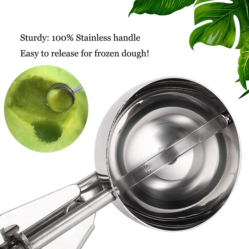 Cookie Scoop, Large Ice Cream Scoop with Trigger, Scoop Ice Cream Muffin Scoop Large Medium Small Ice Cream Scooper, 18/8 Stainless Steel Melon Meat Baller Potato Masher ( Solid Large), Gift Piping Bag image number 1