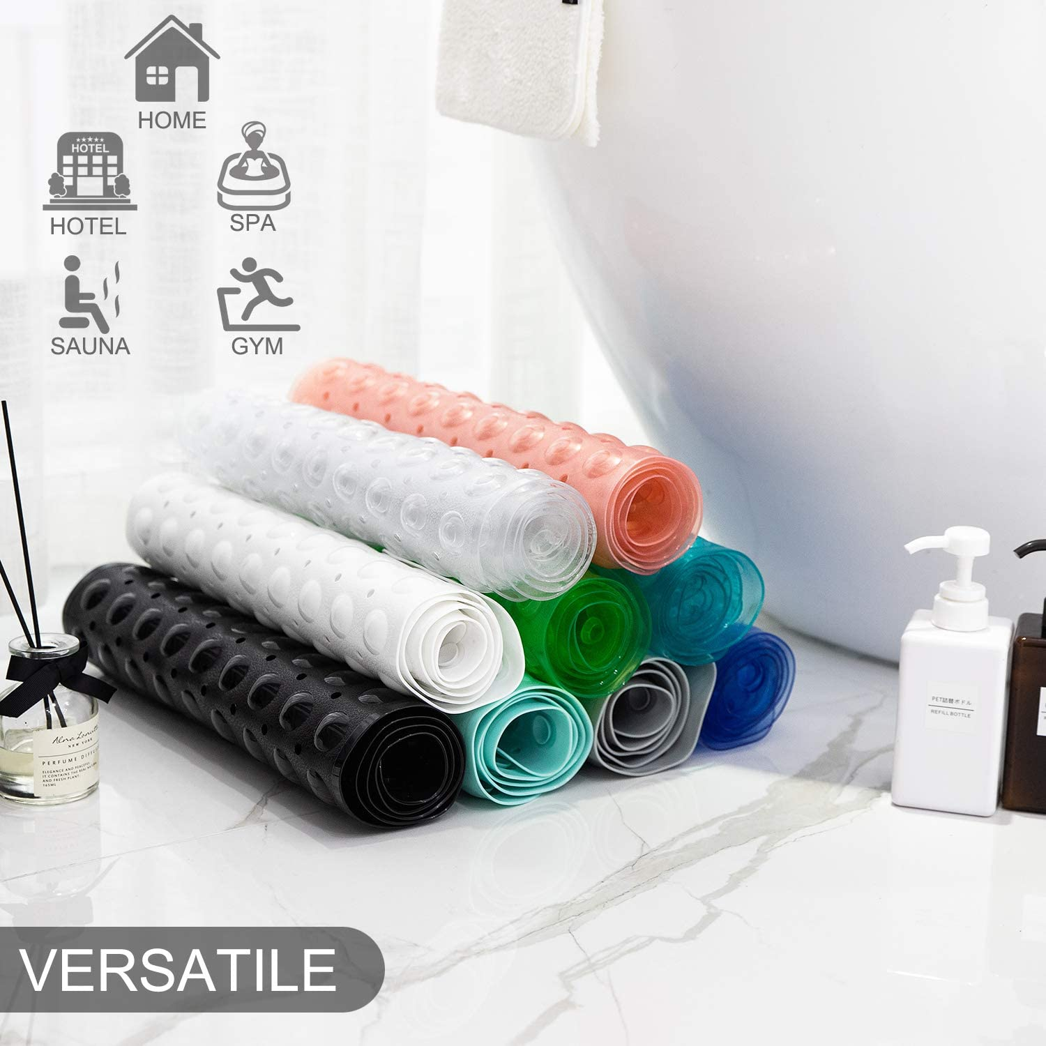 TEESHLY Bathtub Mats for Shower Tub Extra Long Non-Slip Bath Mat, 39 X 16 Inch Shower Mat with Drain Holes and Suction Cups, Bath Tub Mat for Bathroom with Machine Washable (Clear Grey) - Clear image number 4