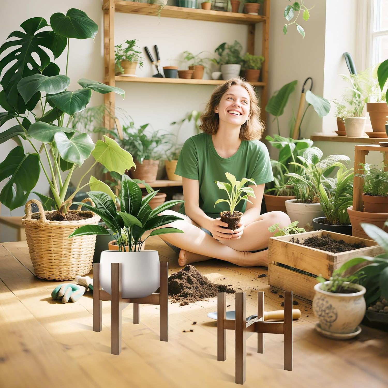 Natural Bamboo Plant Stand Indoor, Adjustable Plant Shelf Indoor Fits 8-12 Inch Pots, Mid Century Modern Decor to Refresh Your Space(Pot & Plant Not Included) image number 2