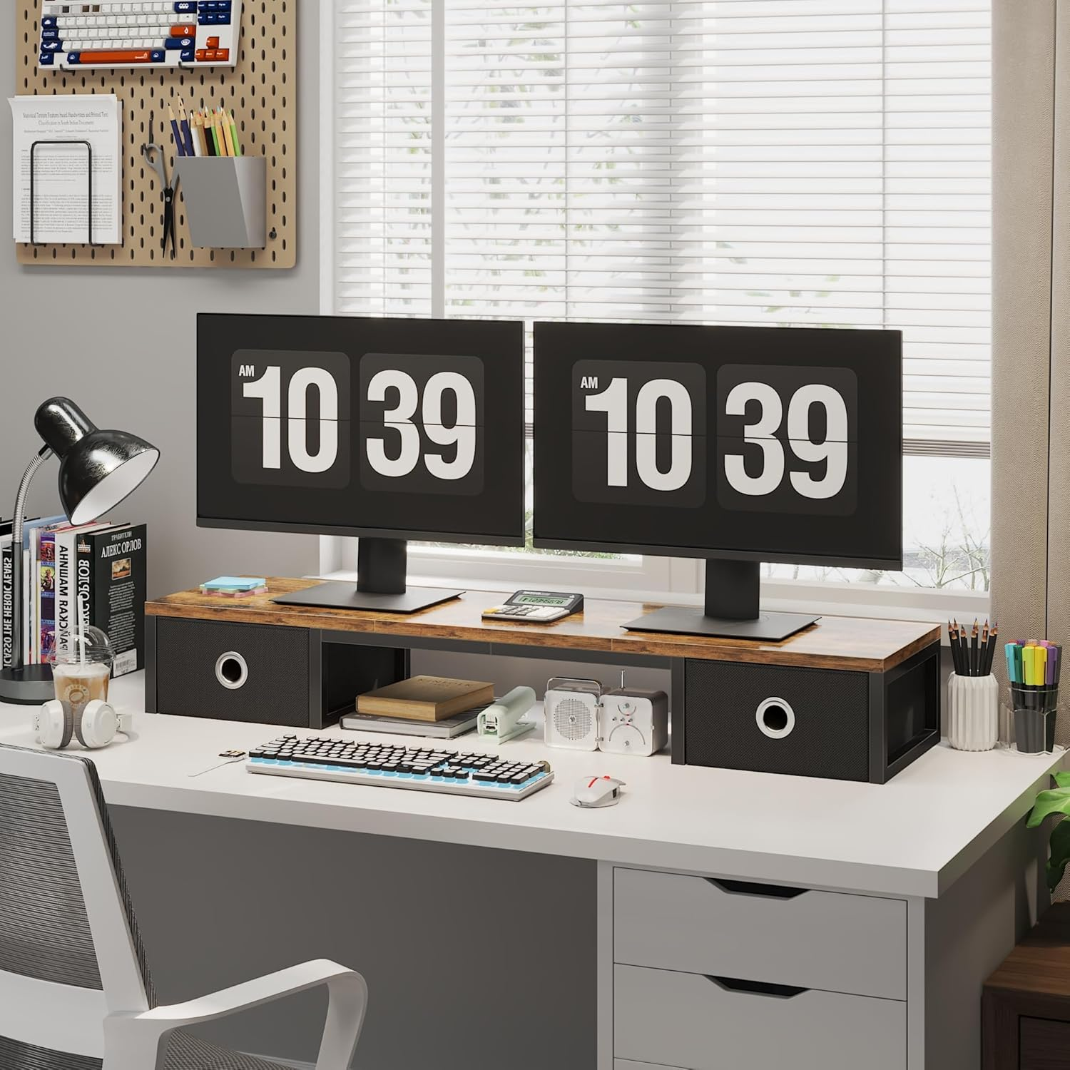 YAOHUOO 45" Large TV Riser with Fabric Drawers for 32-60 Inch TV, TV Stand Riser with Steel Legs, Tabletop TV Riser Shelf, Monitor Stand Riser for Home Office, Rustic Brown image number 3