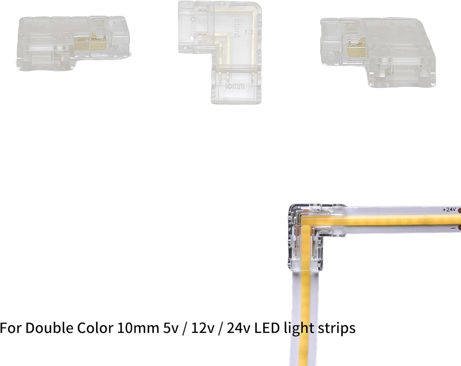 Clearhill 10Mm 3Pin 10Pcs Transparent Solderless L-Shape COB LED Strip Connectors,90&deg;Right Angle Corner Joints for Double Color 5V/12V/24V LED Strips,No Soldering Required,Secure Connection. image number 4