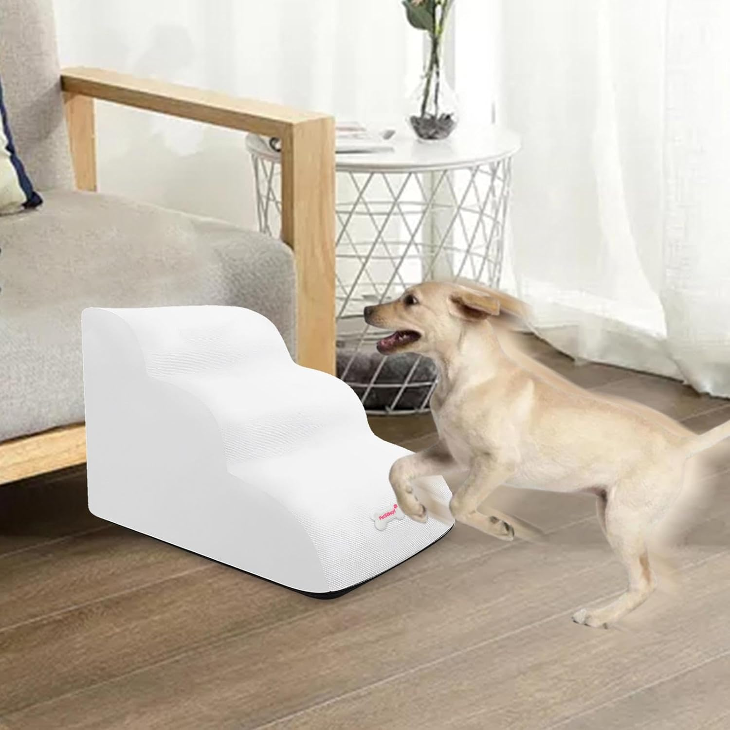 B Baosity Pet Dog Stairs Dog Climbing Ladder 3 Steps Dog Ramp for Older Dogs Portable Detachable Cover anti Slip Dog Steps Cat Stairs for Car High Bed, White image number 1