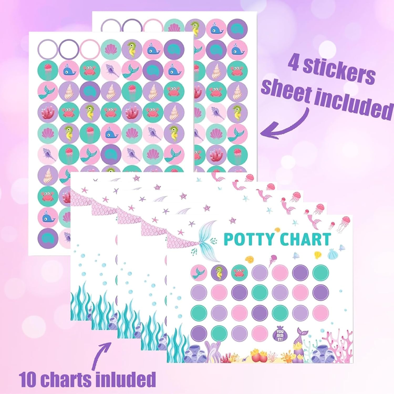 Potty Training Sticker Chart, Cartoon Potty Chart with Stickers, 15Pcs Potty Training Chart Potty Reward Toilet Sticker (Mermaid) image number 1