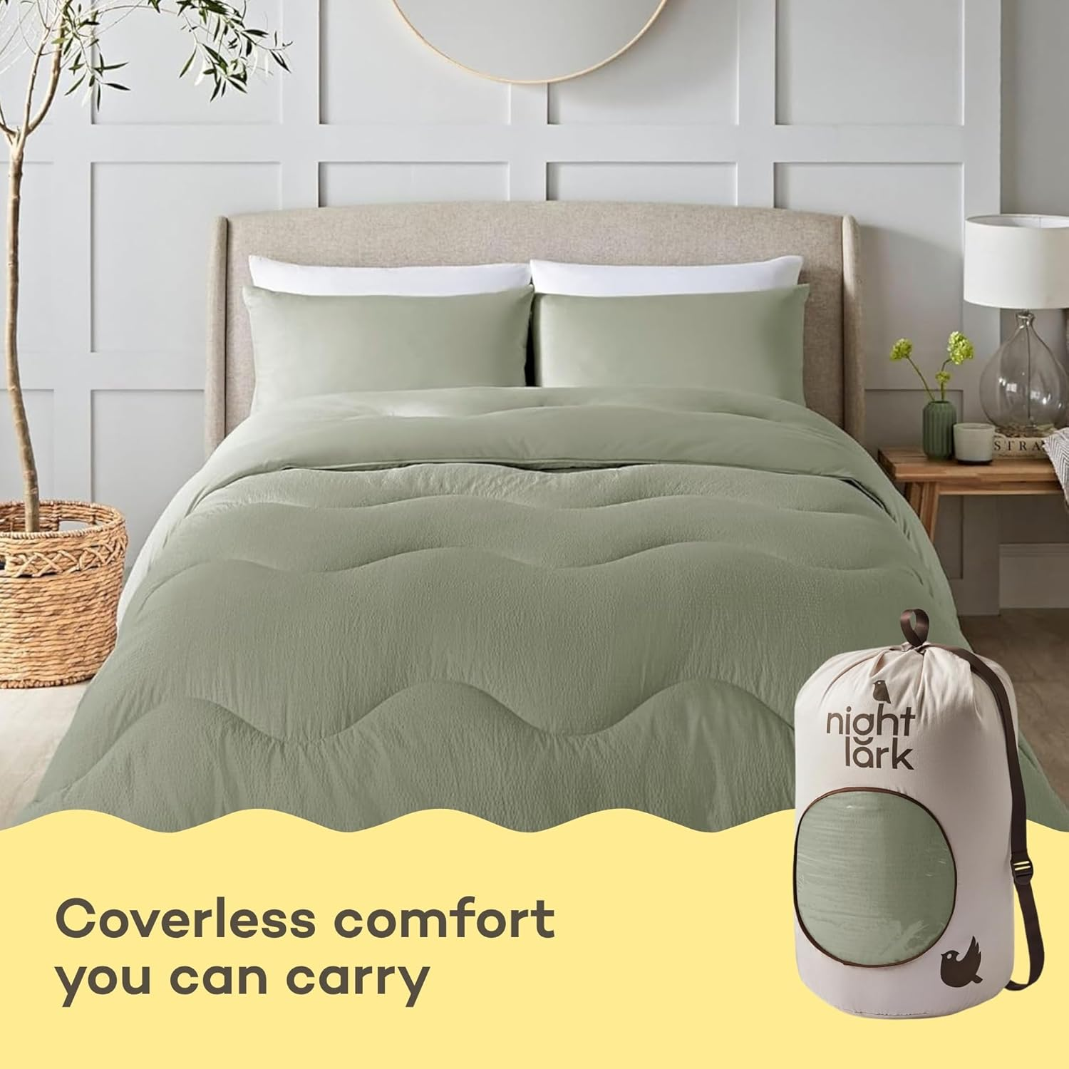 Night Lark - Coverless Duvet - Seersucker Collection - Soft Touch Luxury Bedding - Machine Washable - Hypoallergenic (Olive Green, 4.5 Tog - King) image number 2