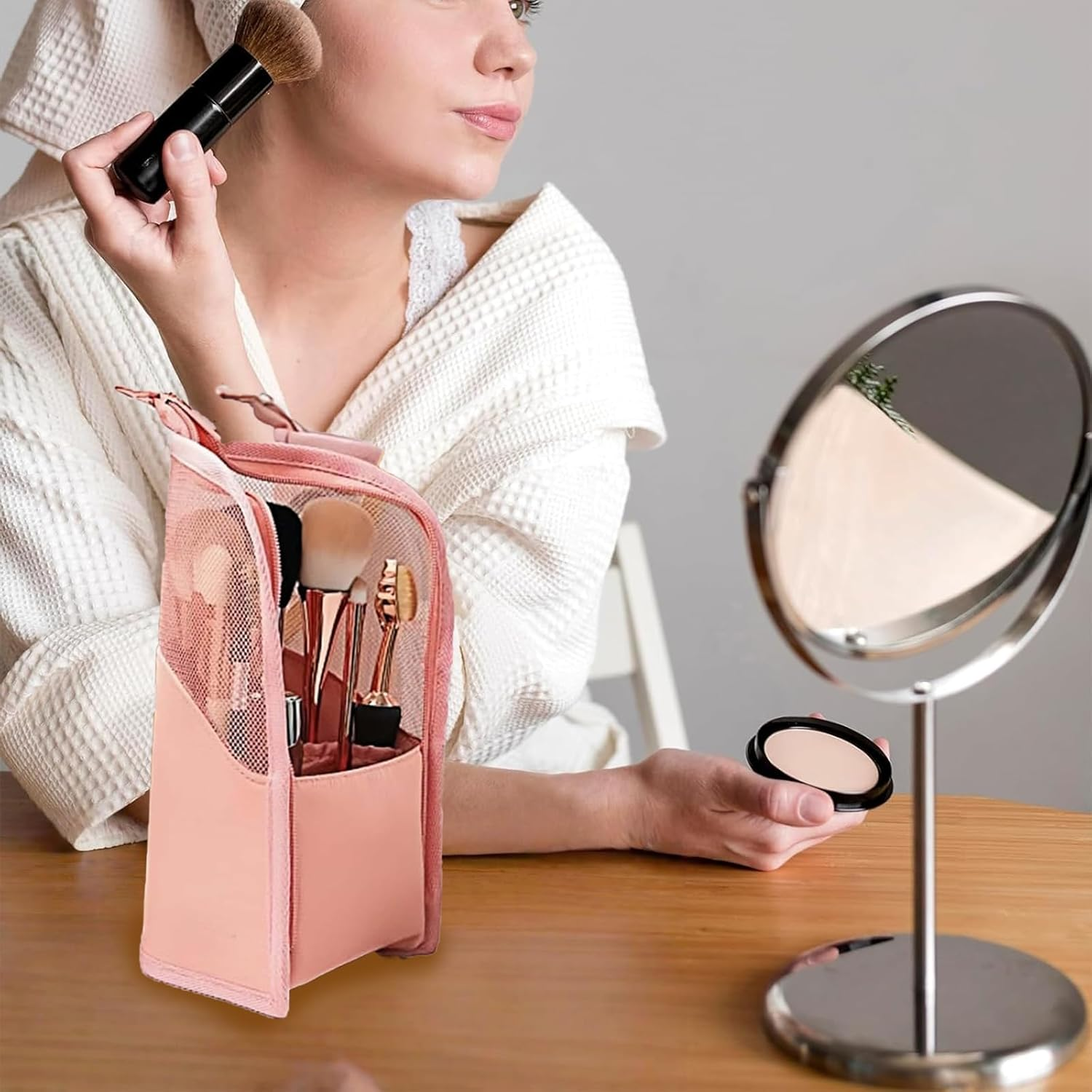 Rylaxzon Travel Makeup Bag, Makeup Brush Holder, Waterproof Portable Mesh Makeup Brush Travel Case and Cosmetic Pouch for Makeup Essentials image number 1