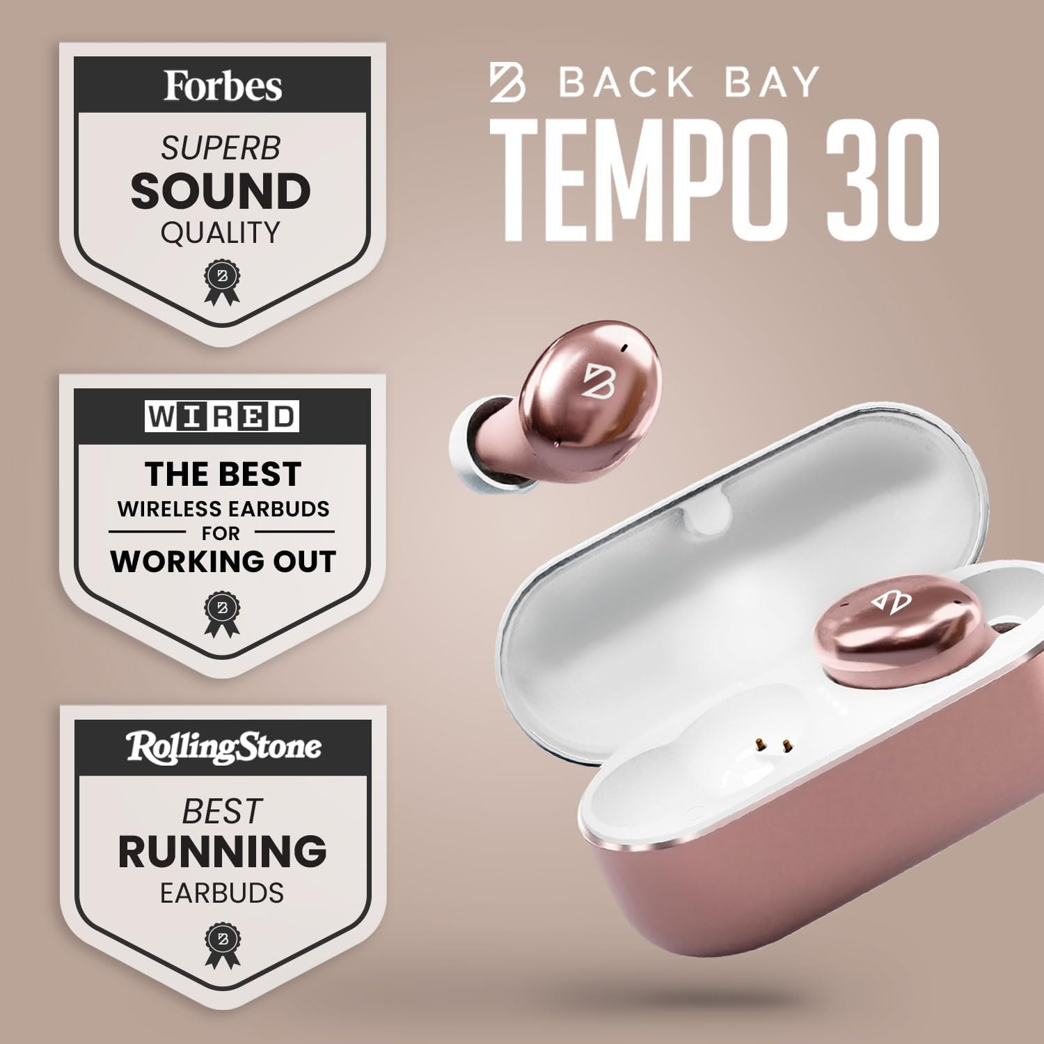 Tempo 30 Rose Gold Wireless Earbuds for Small Ears Women, Cute Pink Bluetooth Bass Boost Earphones Small Ear Canals, IPX7 Sweatproof, 32-Hour Long Battery, Loud in Ear Headphones Women image number 1