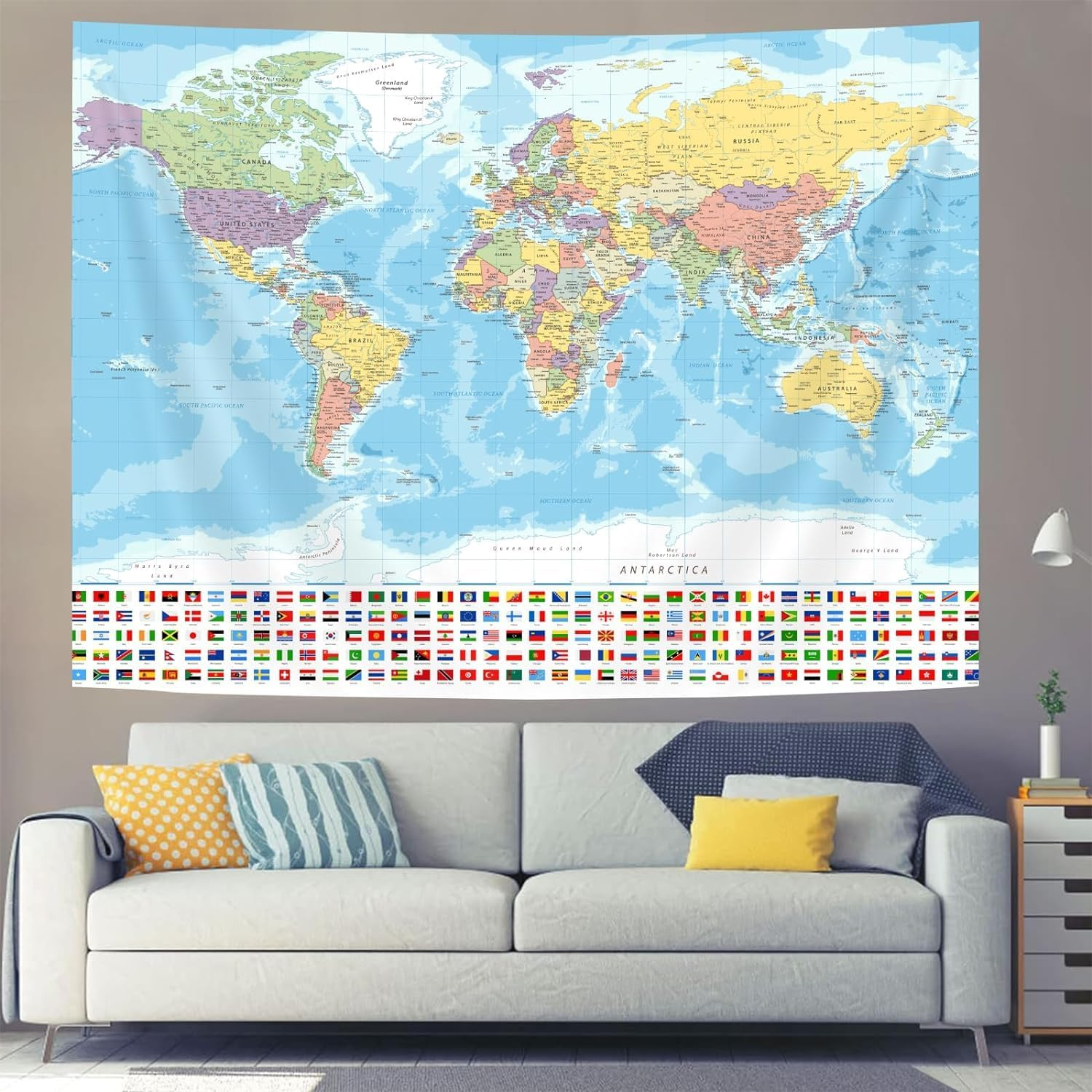 World Map Tapestry Wall Hanging, Map of the World with National Educational Wall Tapestries Room Decor, Boys Girls Kids Map Wall Tapestry for Bedroom Living Room Office Classroom (80X60") image number 1