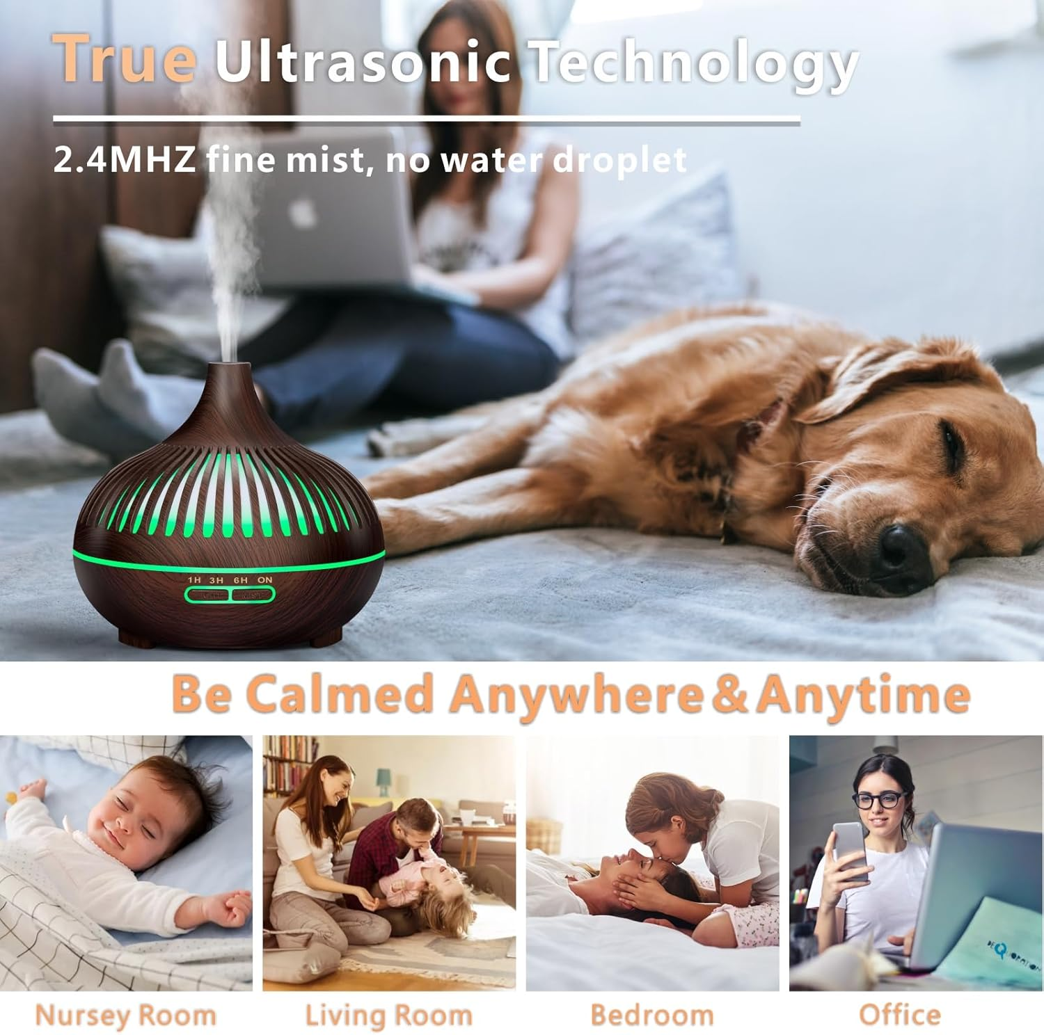 Essential Oil Diffuser, Sunfuny 550Ml Aromatherapy Diffuser Air Humidifier with Remote Control, Aroma Oil Vaporiser, Ultrasonic Fragrance Defuser with RGB LED Light, Xmas Gift (Hollow Dark Wood Grain) image number 3